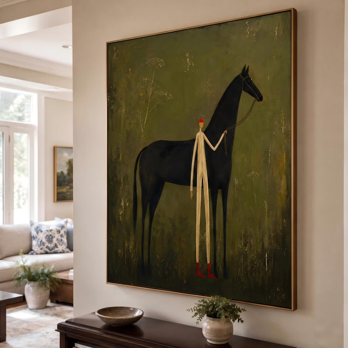 "Faceless man leading horse" - Modern Heavy Impasto Western Animal Artwork | Green Palette Knife Painting | Luxury Vertical Wall Art #YK 1567