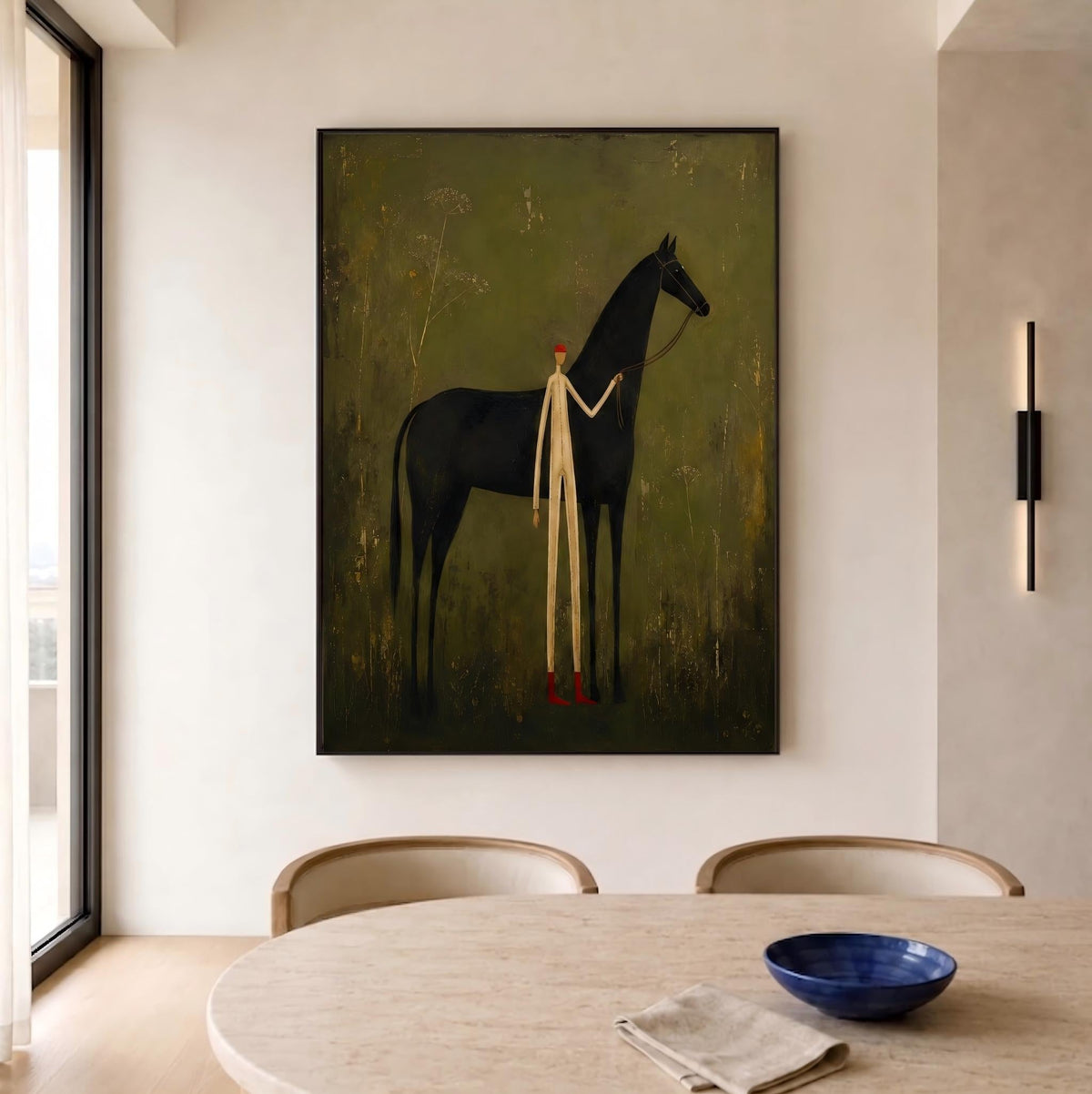 "Faceless man leading horse" - Modern Heavy Impasto Western Animal Artwork | Green Palette Knife Painting | Luxury Vertical Wall Art #YK 1567