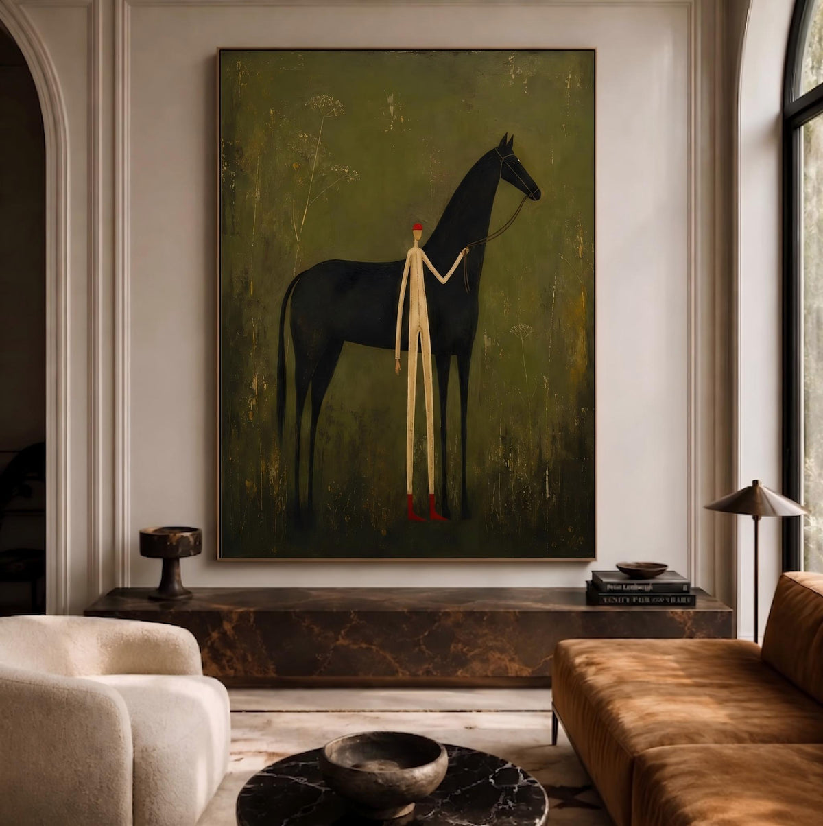 "Faceless man leading horse" - Modern Heavy Impasto Western Animal Artwork | Green Palette Knife Painting | Luxury Vertical Wall Art #YK 1567