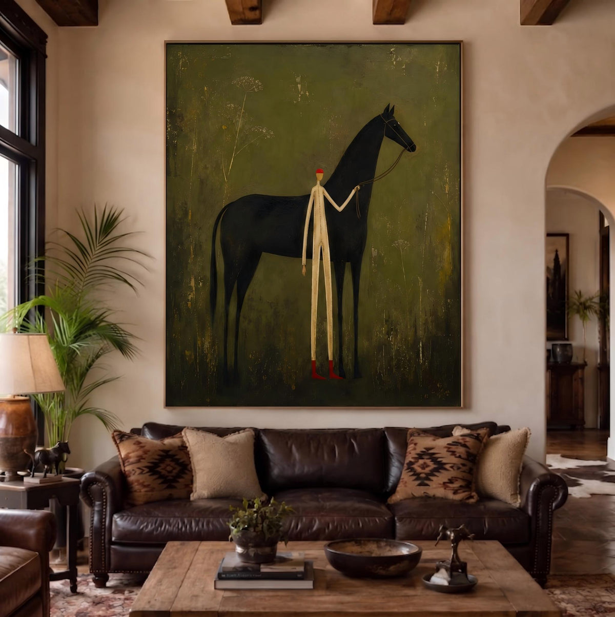 "Faceless man leading horse" - Modern Heavy Impasto Western Animal Artwork | Green Palette Knife Painting | Luxury Vertical Wall Art #YK 1567
