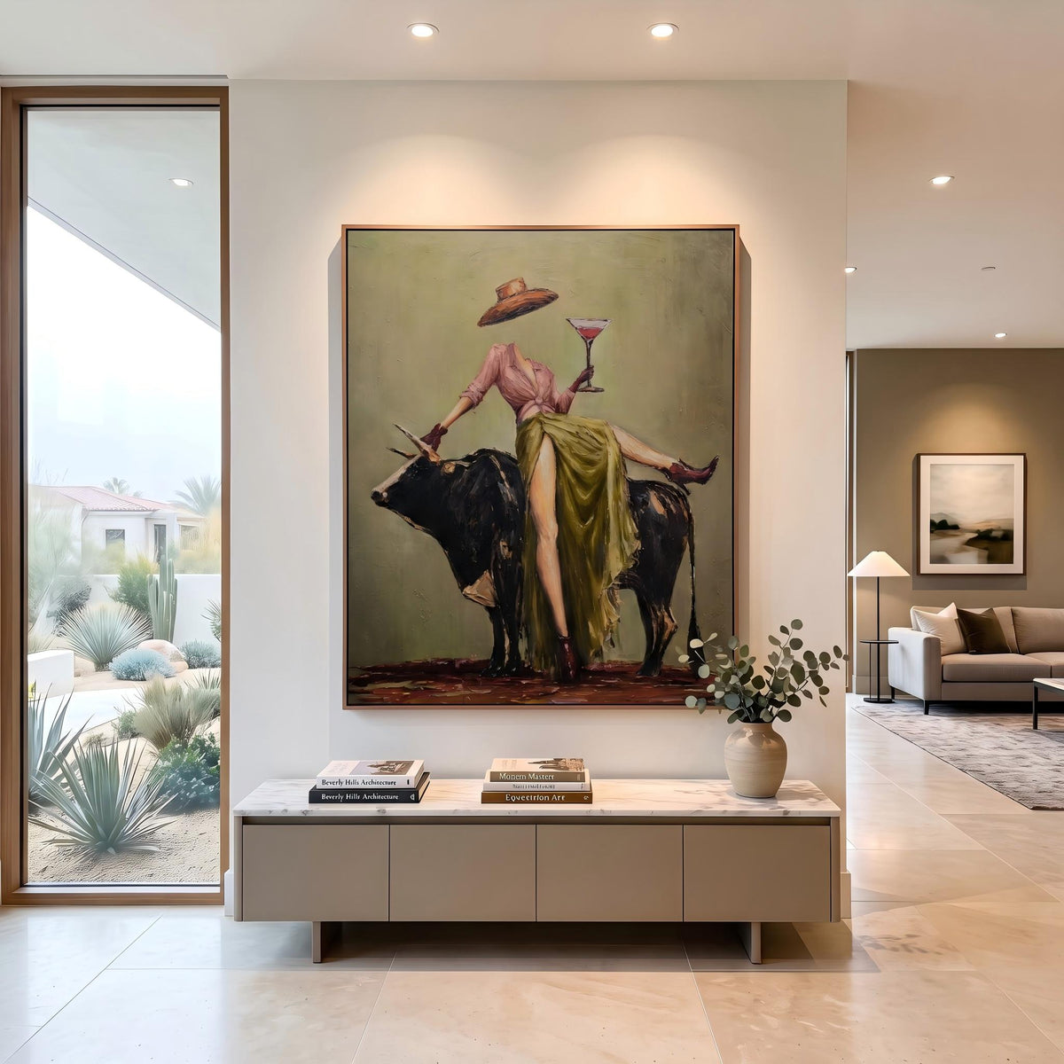 "Cowboy Woman Cocktail" - Modern Heavy Impasto Western Animal Artwork | Green & Pink Palette Knife Painting | Luxury Vertical Wall Art #YK 1566