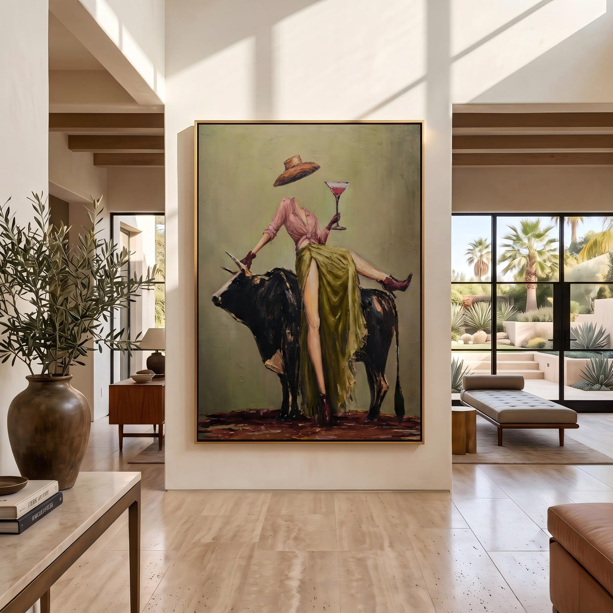 "Cowboy Woman Cocktail" - Modern Heavy Impasto Western Animal Artwork | Green & Pink Palette Knife Painting | Luxury Vertical Wall Art #YK 1566