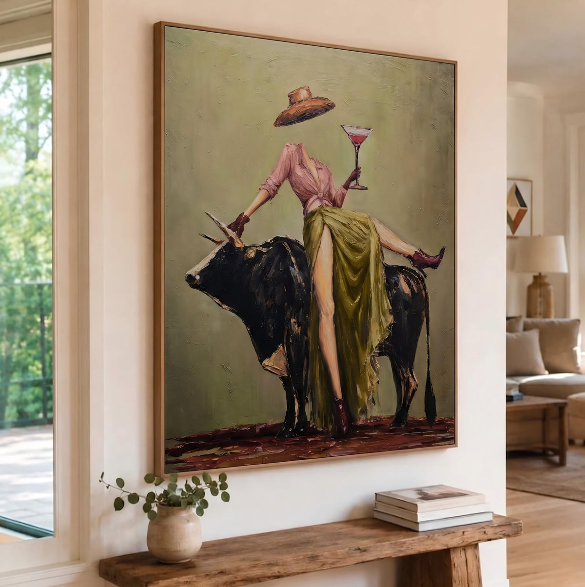 "Cowboy Woman Cocktail" - Modern Heavy Impasto Western Animal Artwork | Green & Pink Palette Knife Painting | Luxury Vertical Wall Art #YK 1566