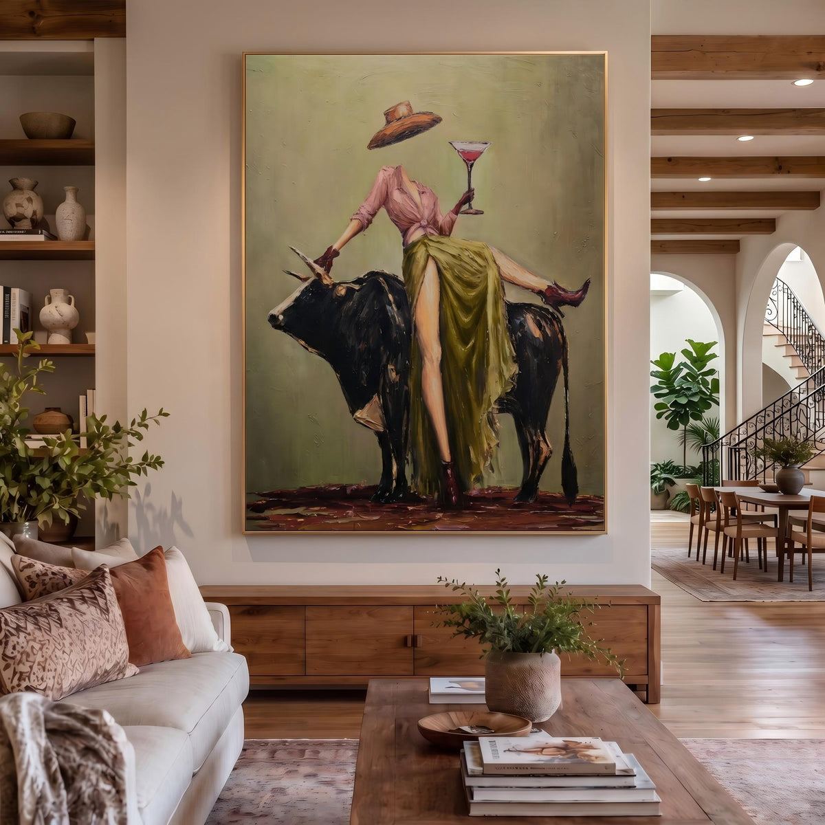 "Cowboy Woman Cocktail" - Modern Heavy Impasto Western Animal Artwork | Green & Pink Palette Knife Painting | Luxury Vertical Wall Art #YK 1566