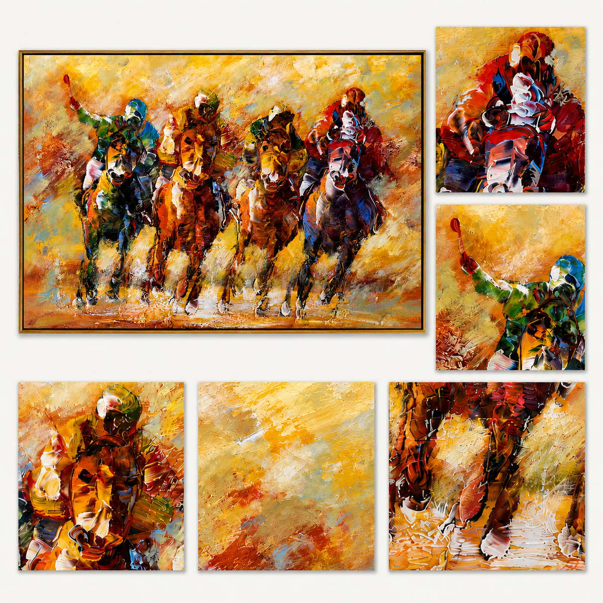 "Copper Gallop" - Golden Horse Riders Painting | Gold Brown Orange Horizontal Animal Wall Art