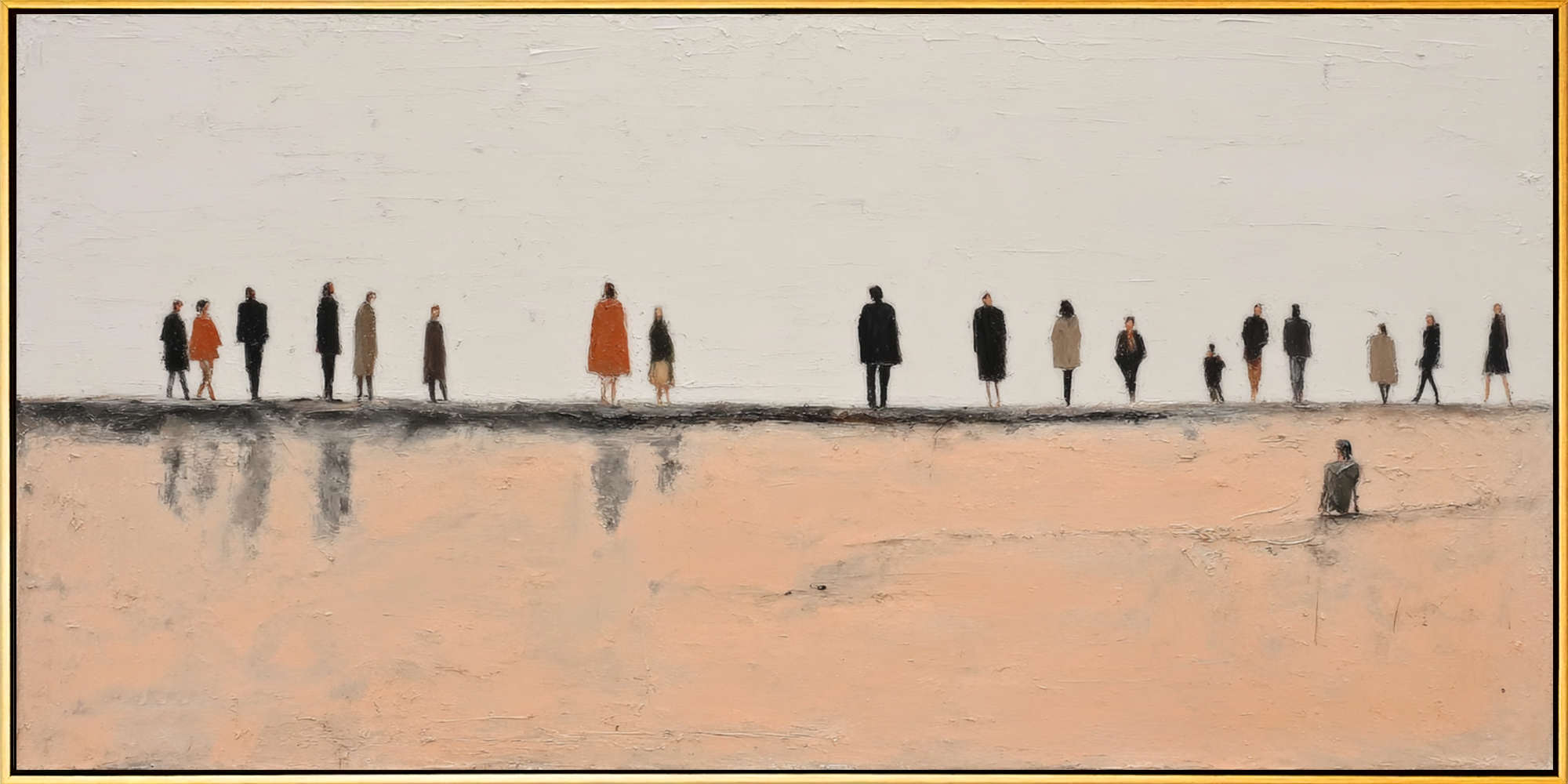 "Solitude in the Crowd" – Modern Heavy Impasto Figurative Art | 3D Neutral & Blush Palette Knife Painting | Luxury Horizontal Wall Art#LC 001