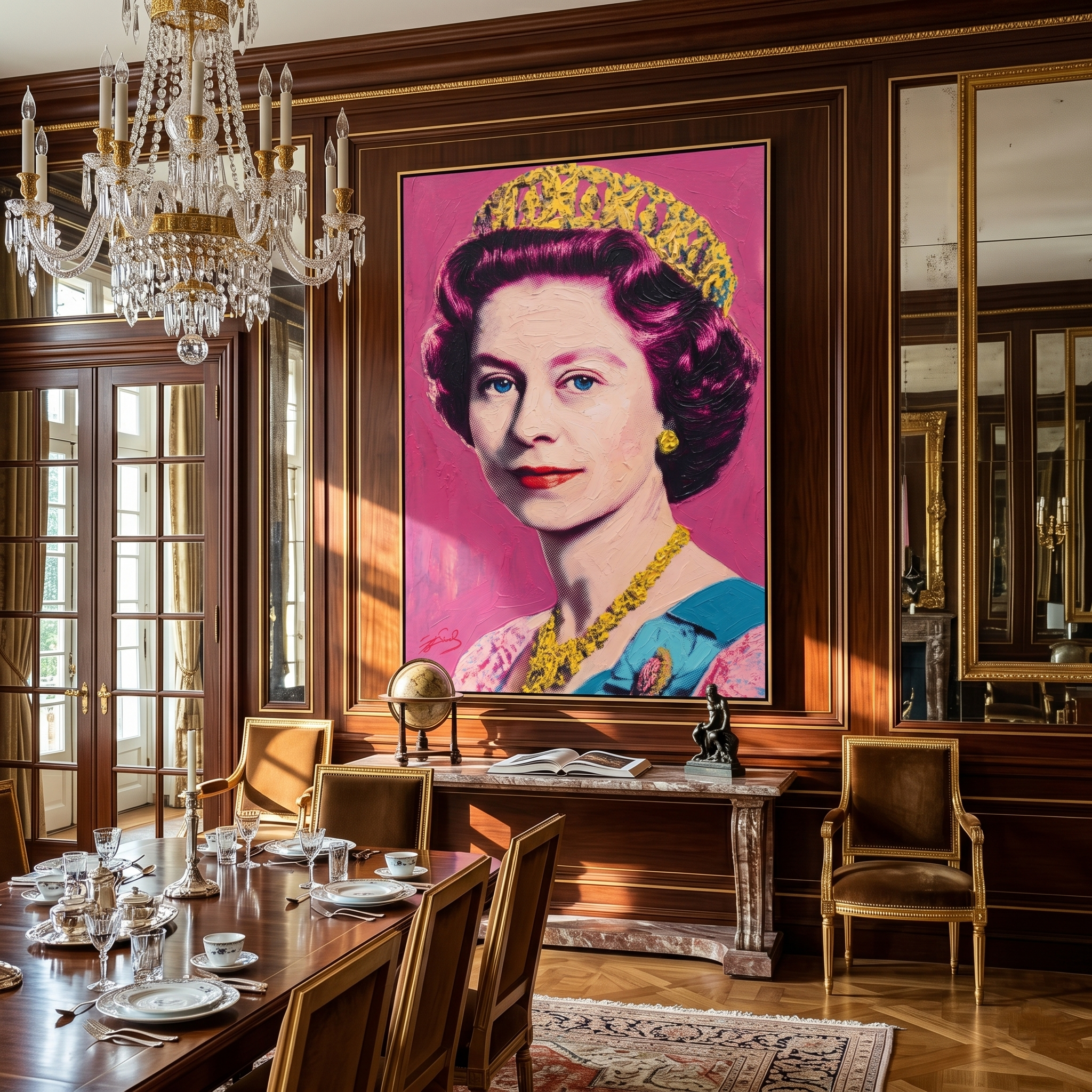 "Pop Art Royal Portrait" – Modern Heavy Impasto Figurative Art | 3D Hot Pink & Gold Palette Knife Painting | Luxury Vertical Wall Art#PE 006
