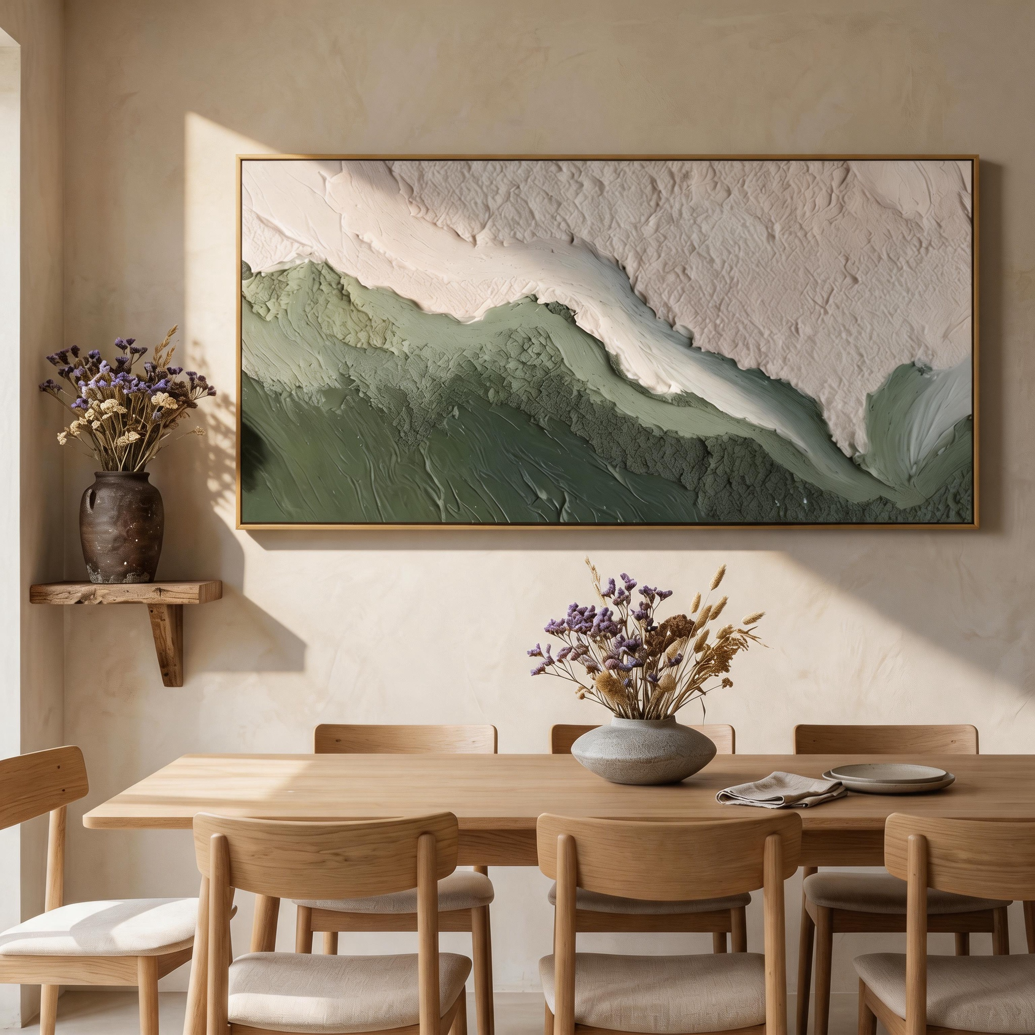 "Earthy Silence" – Minimalist Sage Green Heavy Impasto Abstract | Master Bedroom Statement Art