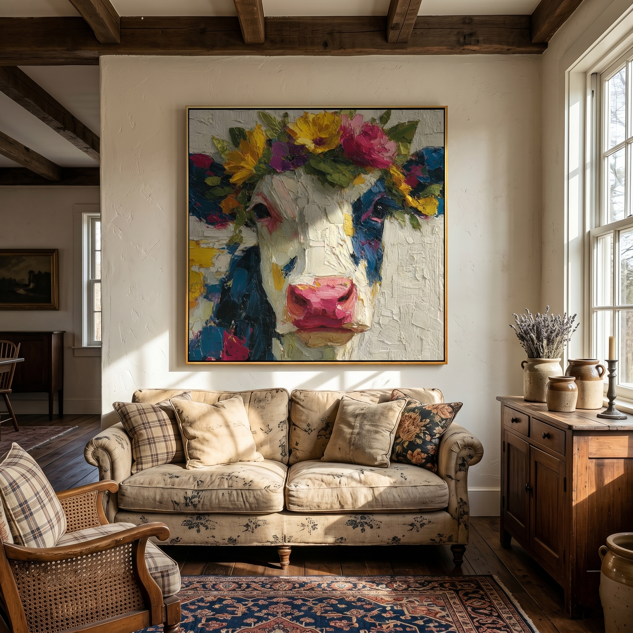 "Whimsical Bovine Beauty" – Tactile Farm Animal Art | Vibrant Floral & Neutral Impasto Wall Decor | Contemporary Square Art#AN 002