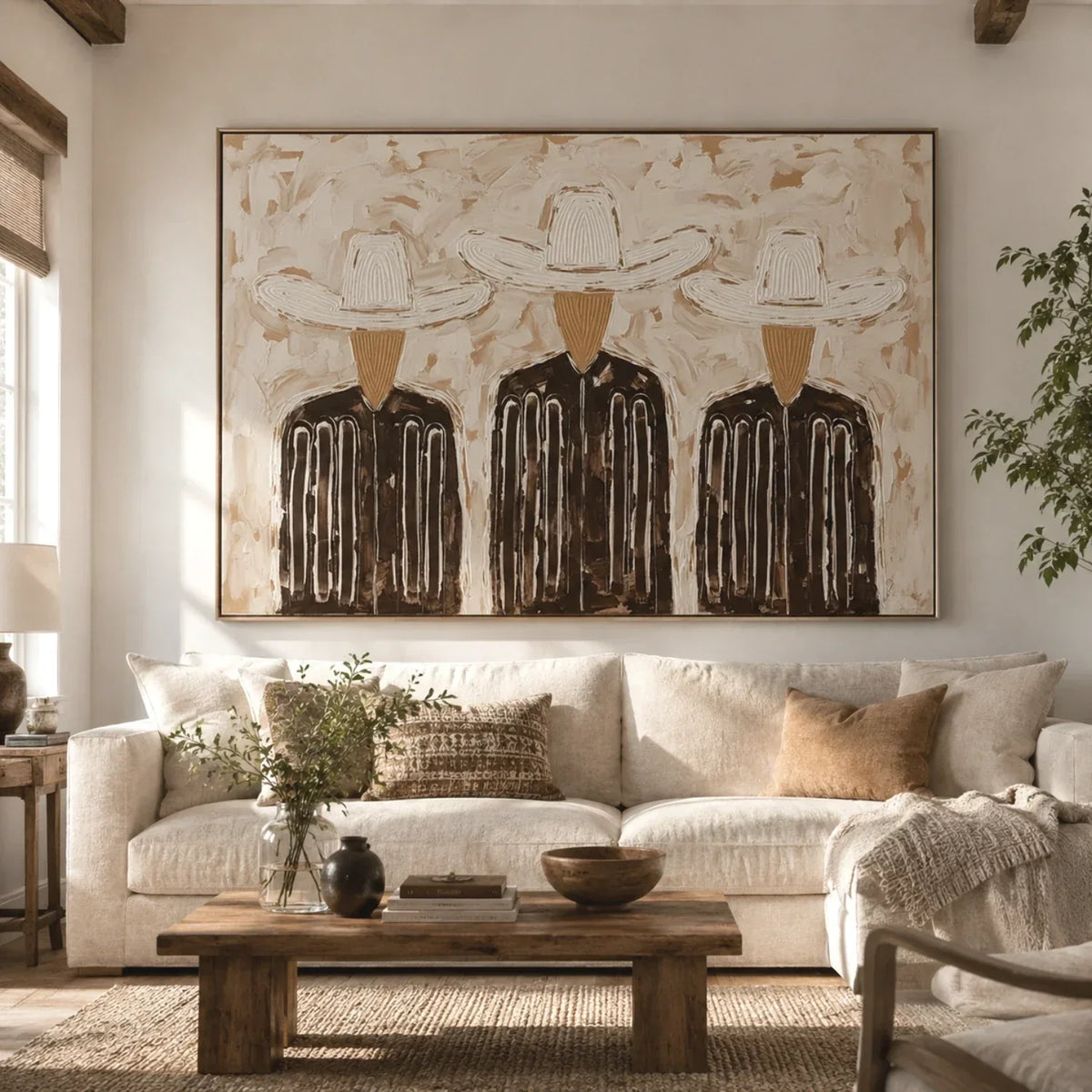 "Trinity in Linen" - Modern Heavy Impasto Abstract Artwork | Black & Golden Palette Knife Painting | Luxury Horizontal Wall Art #YK 1588