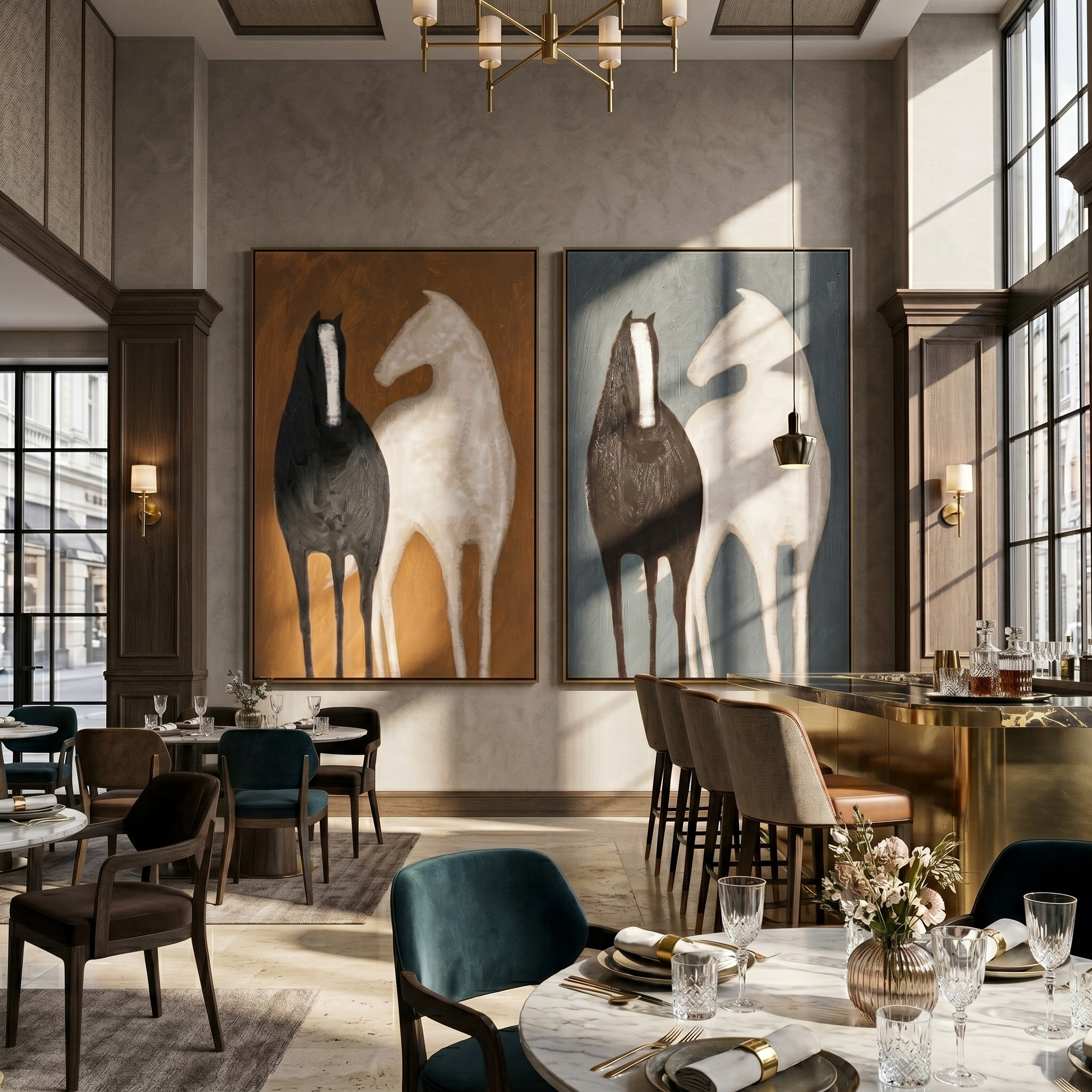 "Echoes of the Untamed" — 3D Textured Abstract Horse Wall Art Set | Ochre & Slate Framed Diptych#VA603