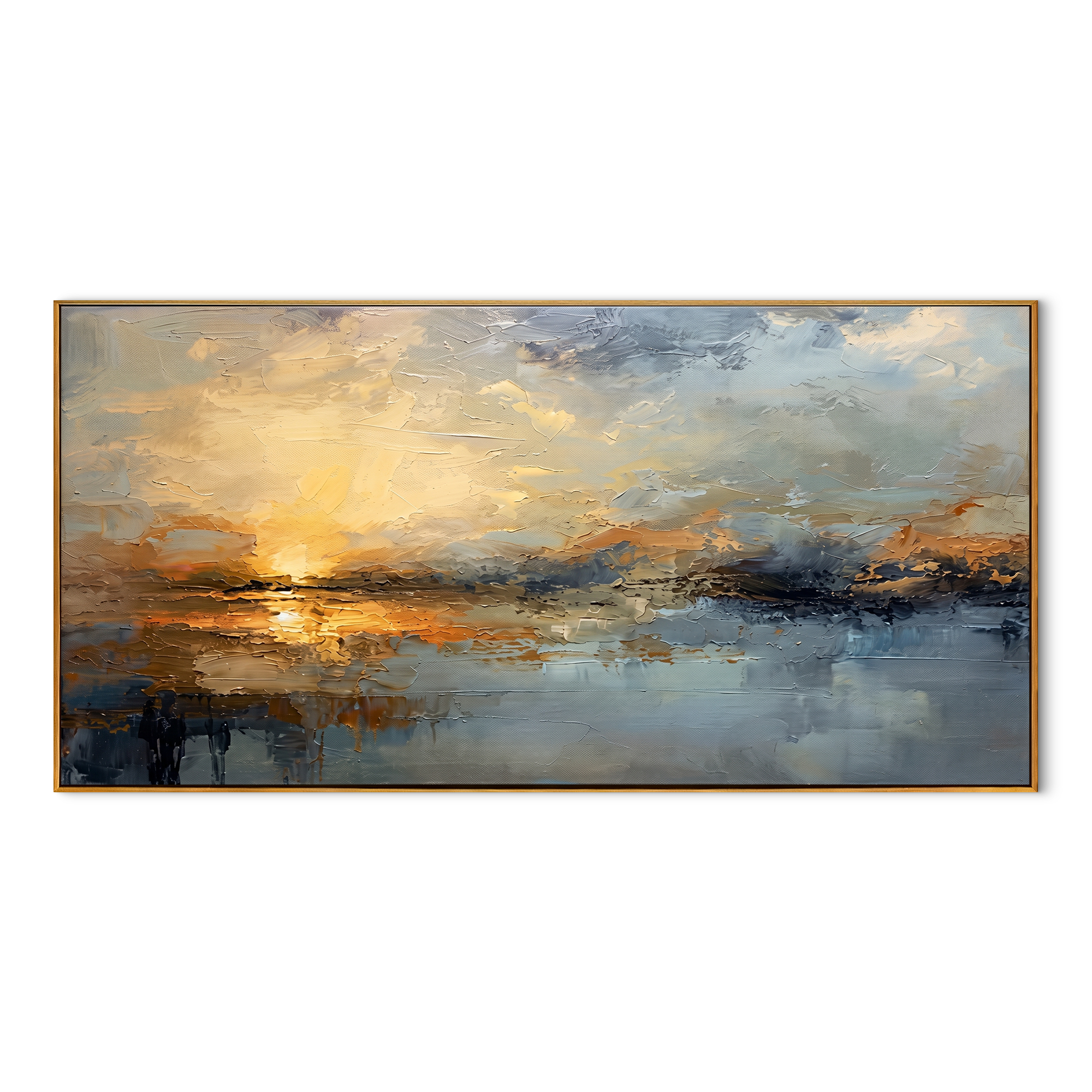 "Serene Horizon" – Abstract Impressionist Golden Seascape Canvas | Minimalist Bedroom Wall Art