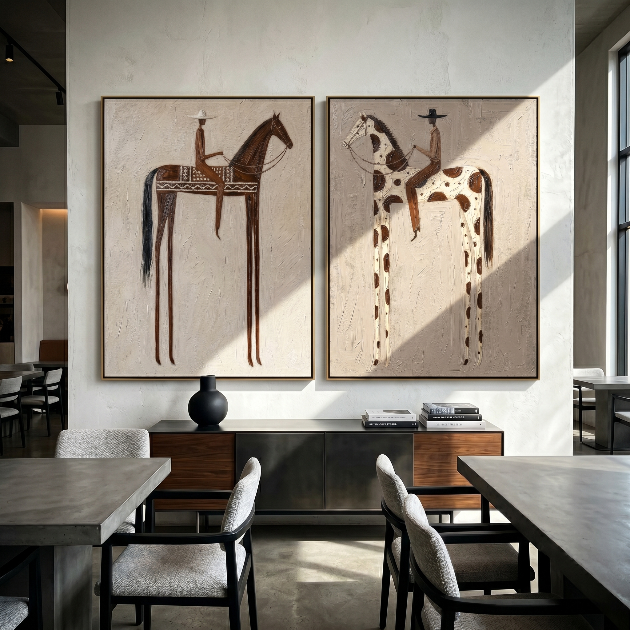 "Stillness on the Saddle" — 3D Textured Abstract Horse & Rider Wall Art Set | Neutral Western Framed Diptych#VA608