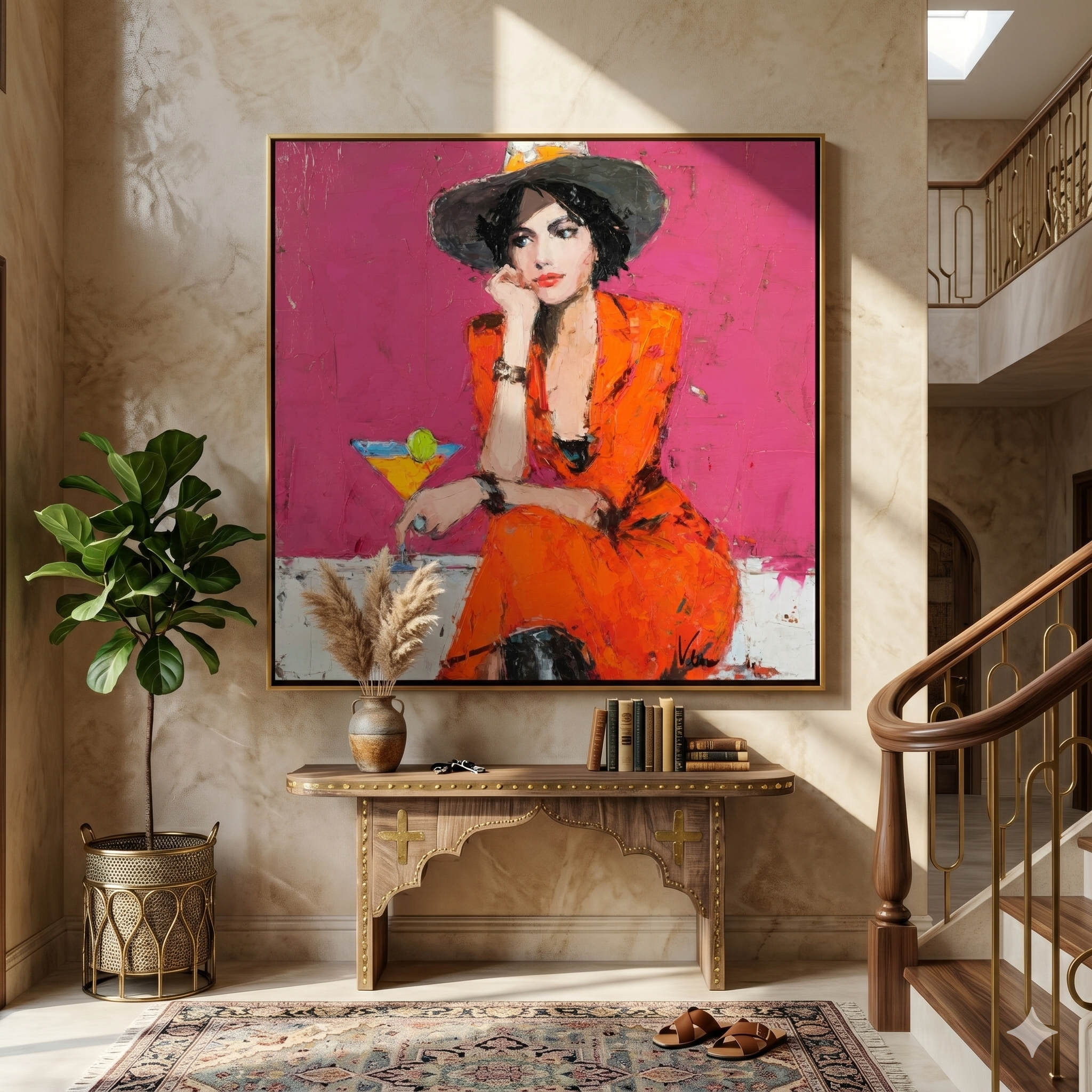 "Stylish Woman with Martini" – Tactile Fashion Impressionist Art | Bold Orange & Pink Impasto Wall Decor | Contemporary Square Statement Piece#PE 003