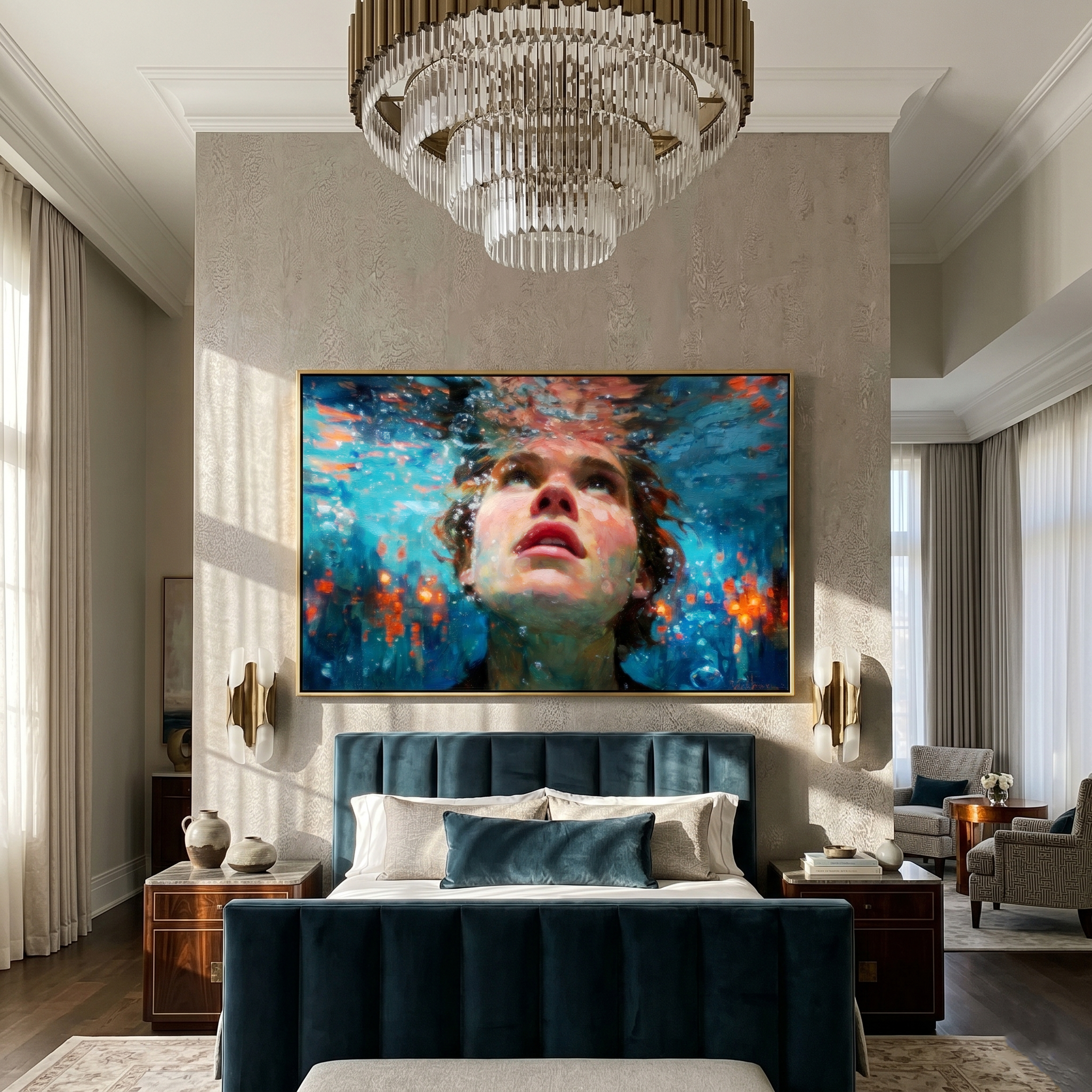 "Rising Breath Underwater" – Modern Heavy Impasto Figurative Art | 3D Turquoise & Coral Palette Knife Painting | Luxury Horizontal Wall Art#PE 004