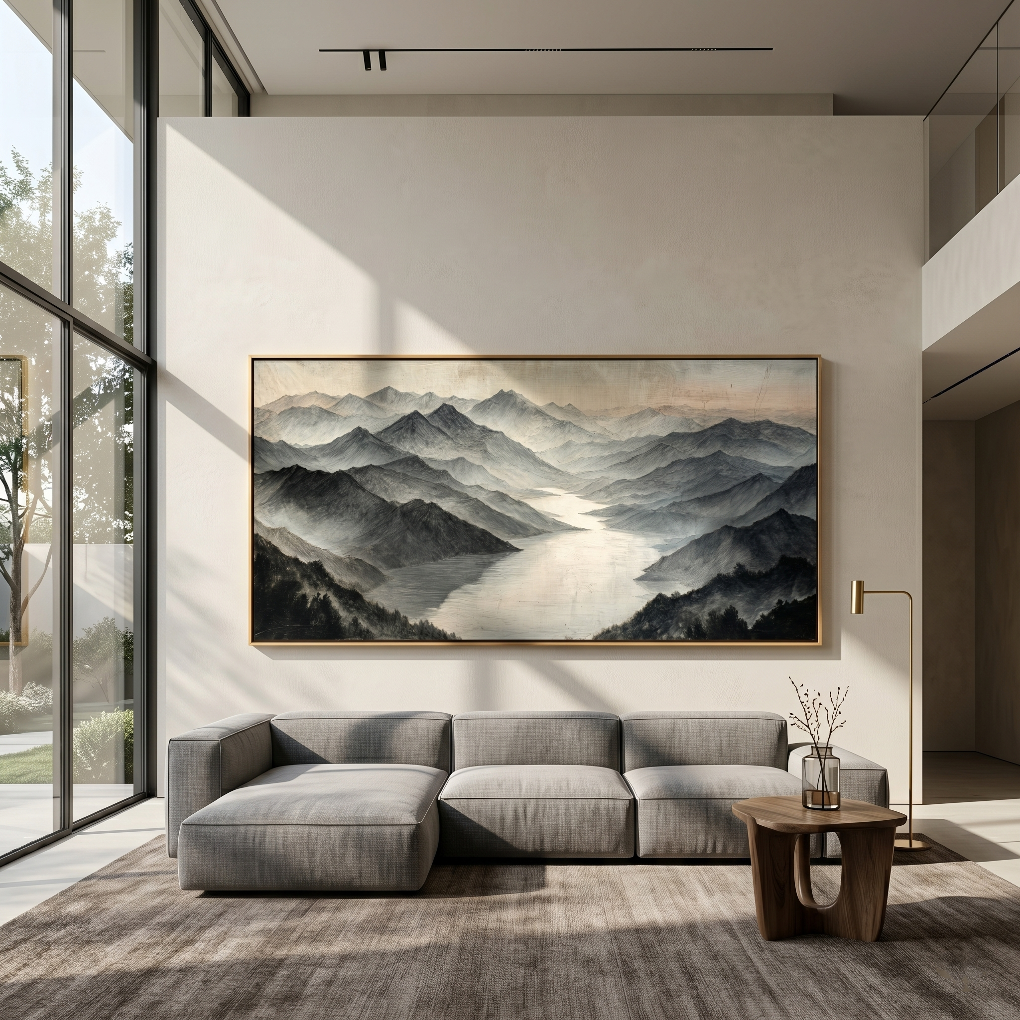"Layered Mountain Valley" – Modern Heavy Impasto Landscape Art | 3D Monochrome & Soft Beige Palette Knife Painting | Luxury Horizontal Wall Art#PT 019