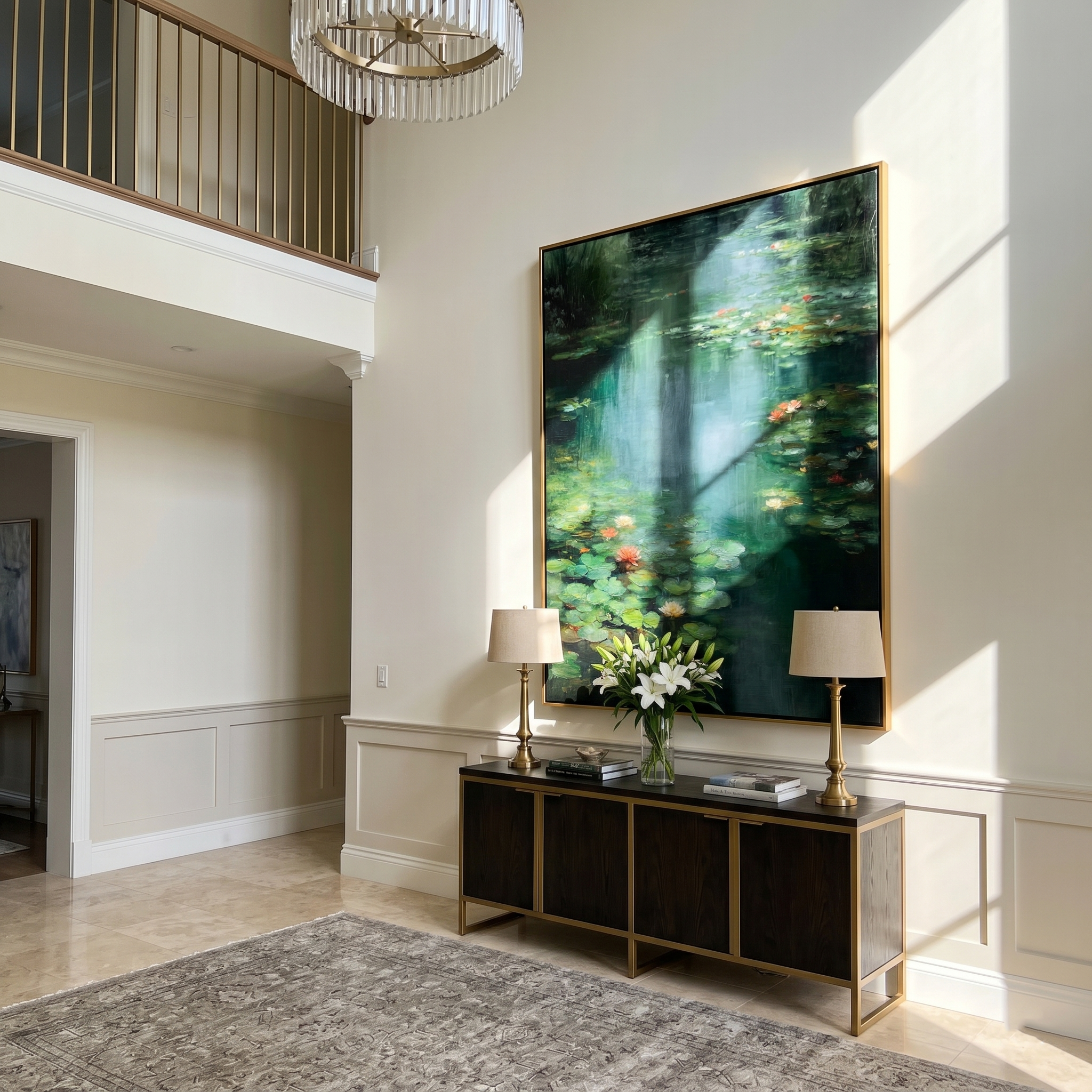 "Lily Pond Serenity" – Modern Heavy Impasto Landscape Art | 3D Emerald & Waterlily Palette Knife Painting | Luxury Vertical Wall Art#FL 002