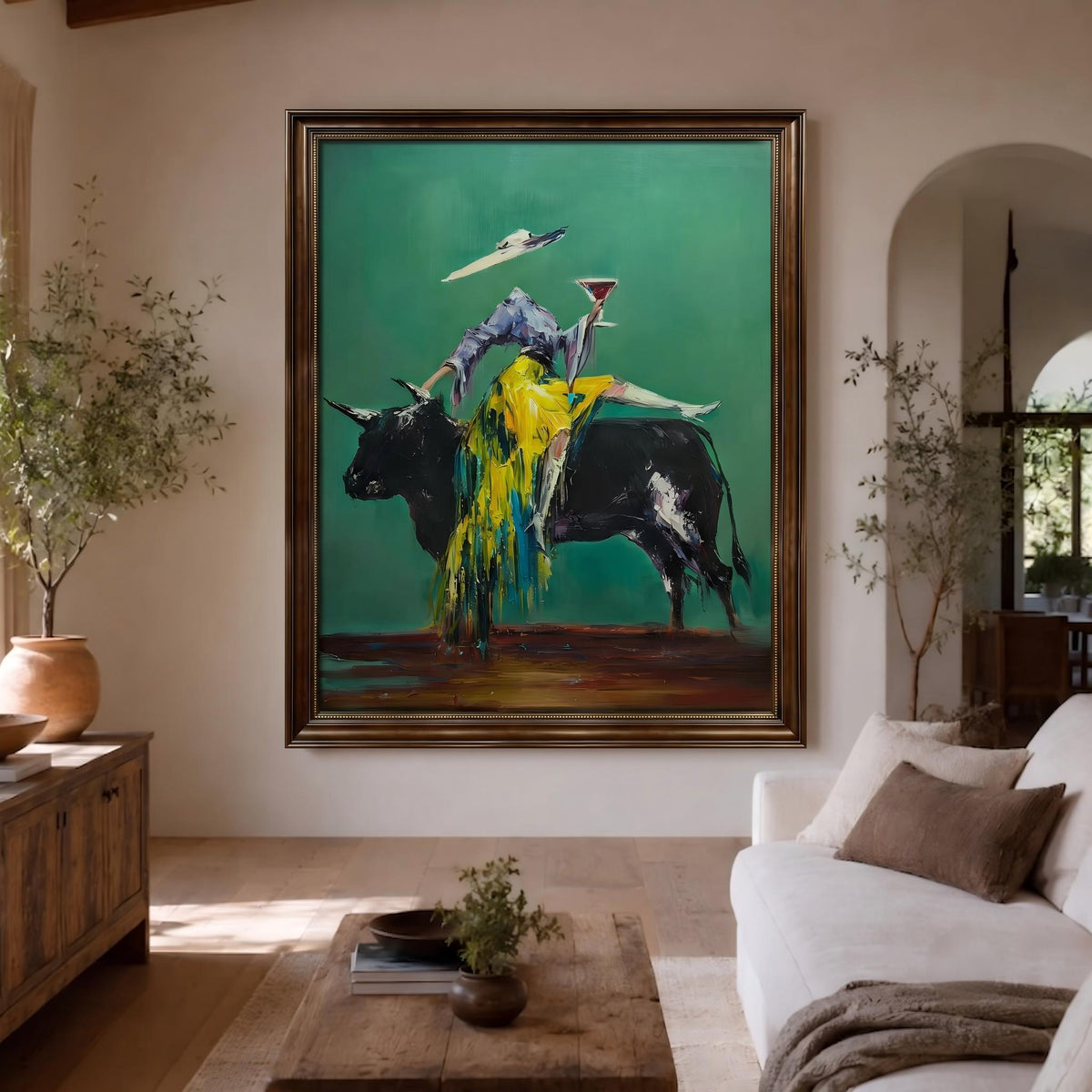 "Velvet Toast of the Emerald Bull" - Modern Heavy Impasto Western Animal Artwork | Green Palette Knife Painting | Luxury Vertical Wall Art #YK 1594