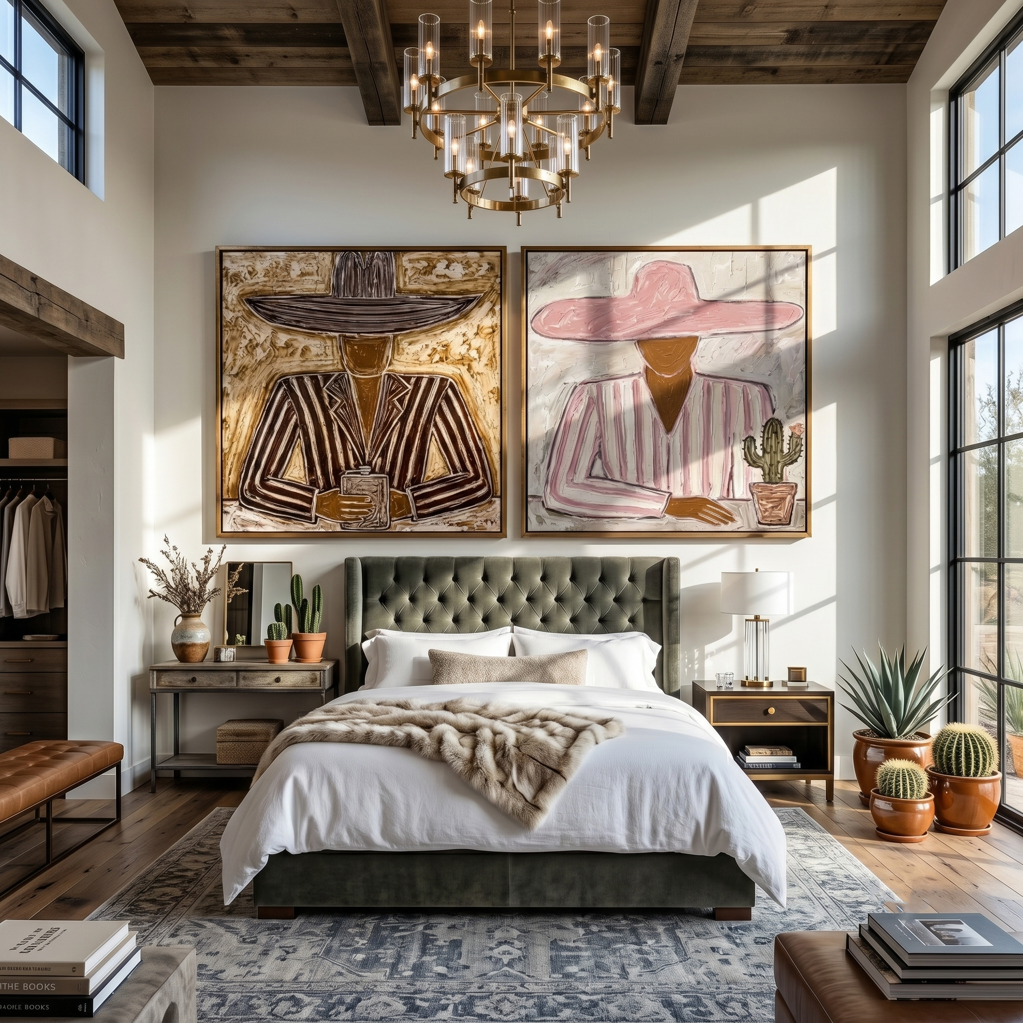 "Under the Wide Brim" — 3D Textured Abstract Western Figure Wall Art Set | Pink & Umber Framed Diptych#VA611