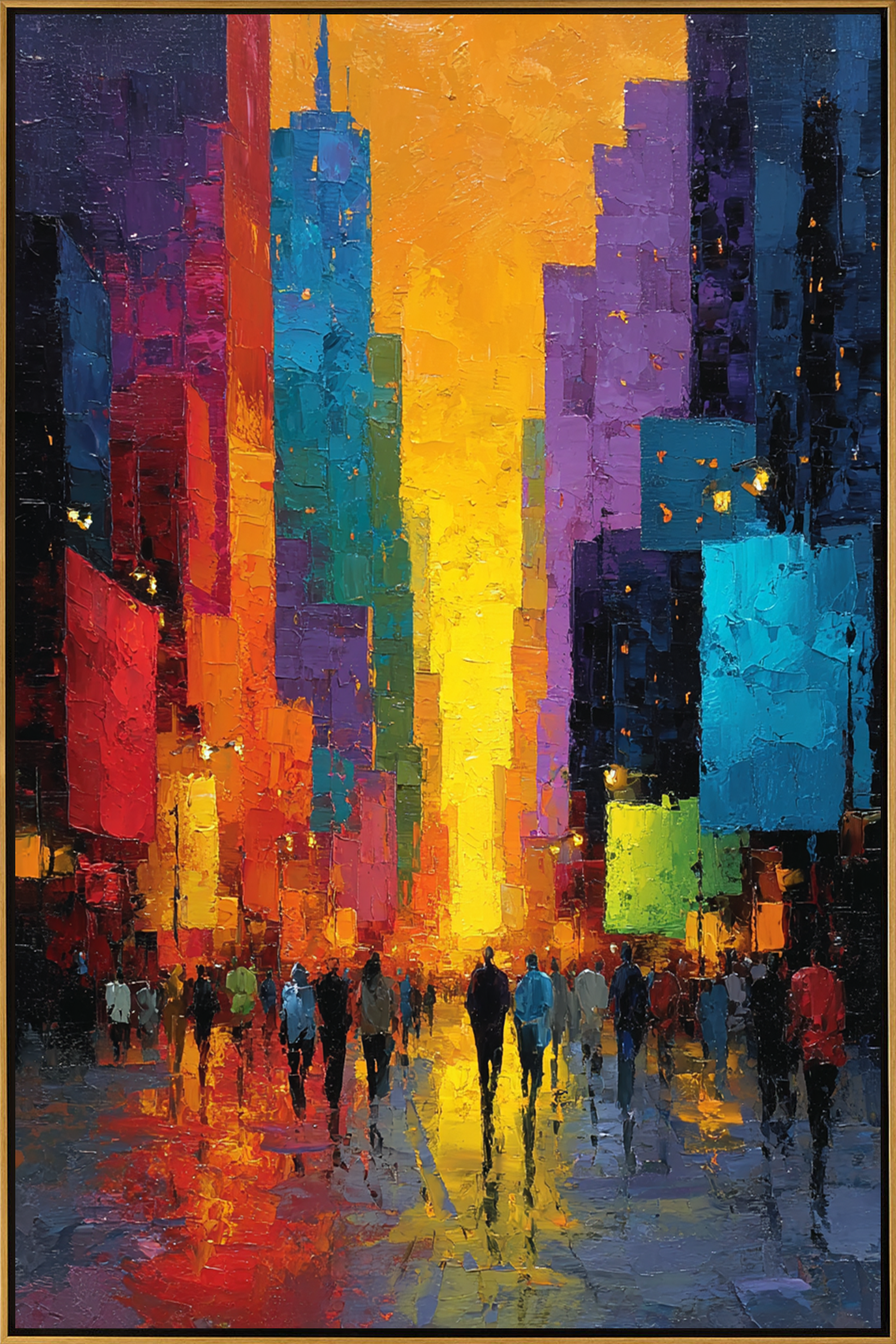 "Neon City Rush" – Modern Heavy Impasto Abstract Cityscape | 3D Vibrant Sunset Palette Knife Painting | Luxury Vertical Wall Art#PT 001