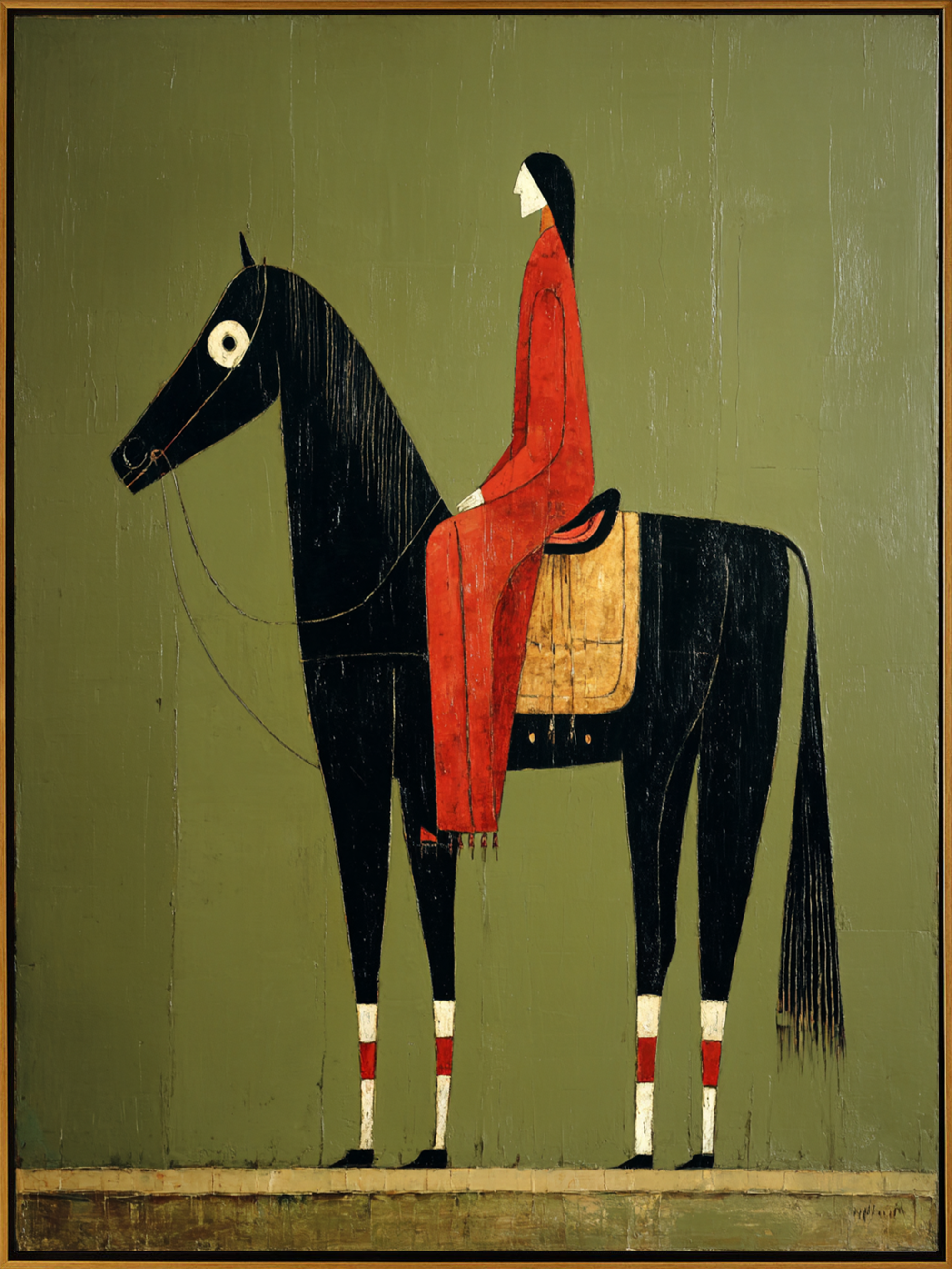 "Vintage Horse & Rider" – Textured Folk Art Style Painting | Earthy Olive, Red & Black Impasto Wall Decor | Contemporary Vertical Art#AB 001