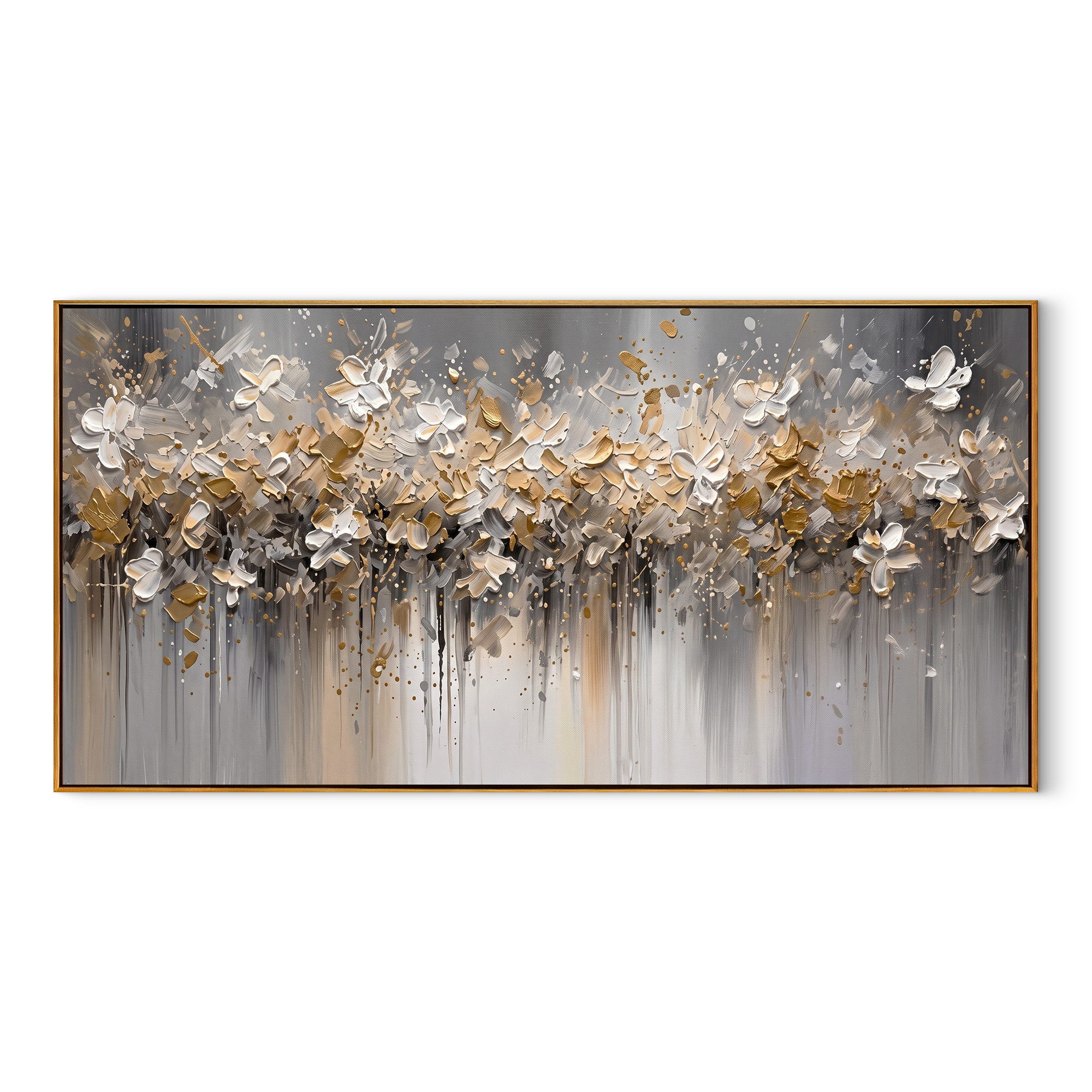 "Gilded Meadow" – Modern Abstract Gold Foil Impasto Floral Painting | Panoramic Living Room Centerpiece