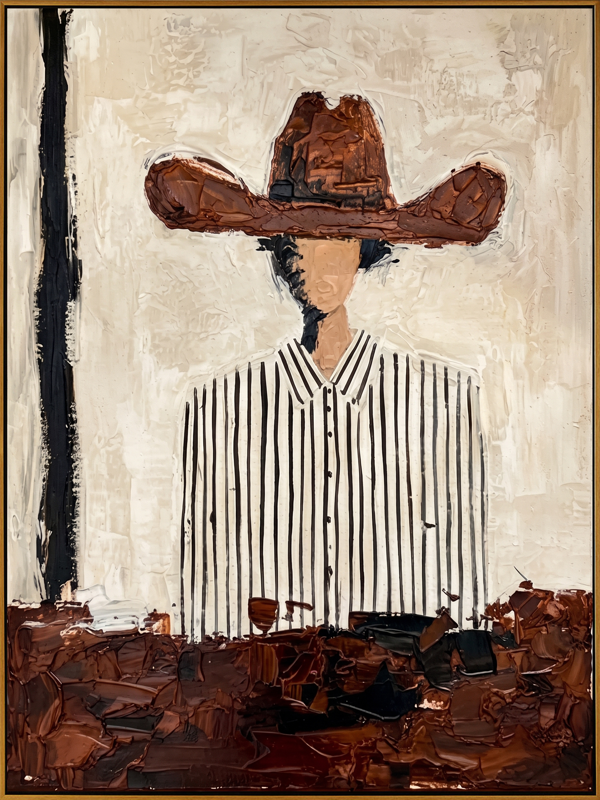 "Modern Cowboy in Stripes" – Contemporary Heavy Impasto Portrait | 3D Cinnamon & Cream Palette Knife Painting | Luxury Vertical Wall Art #PE 011