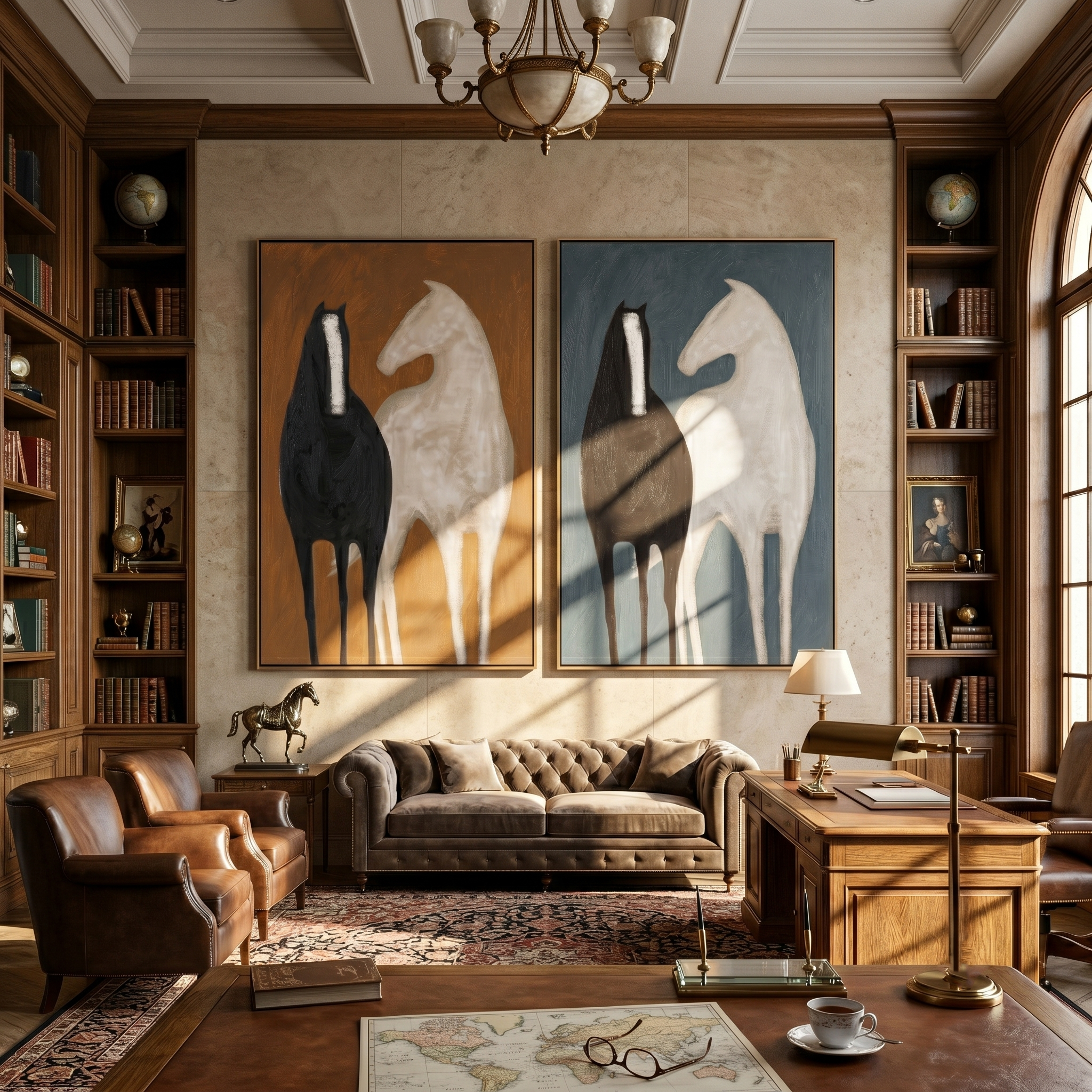 "Echoes of the Untamed" — 3D Textured Abstract Horse Wall Art Set | Ochre & Slate Framed Diptych#VA603