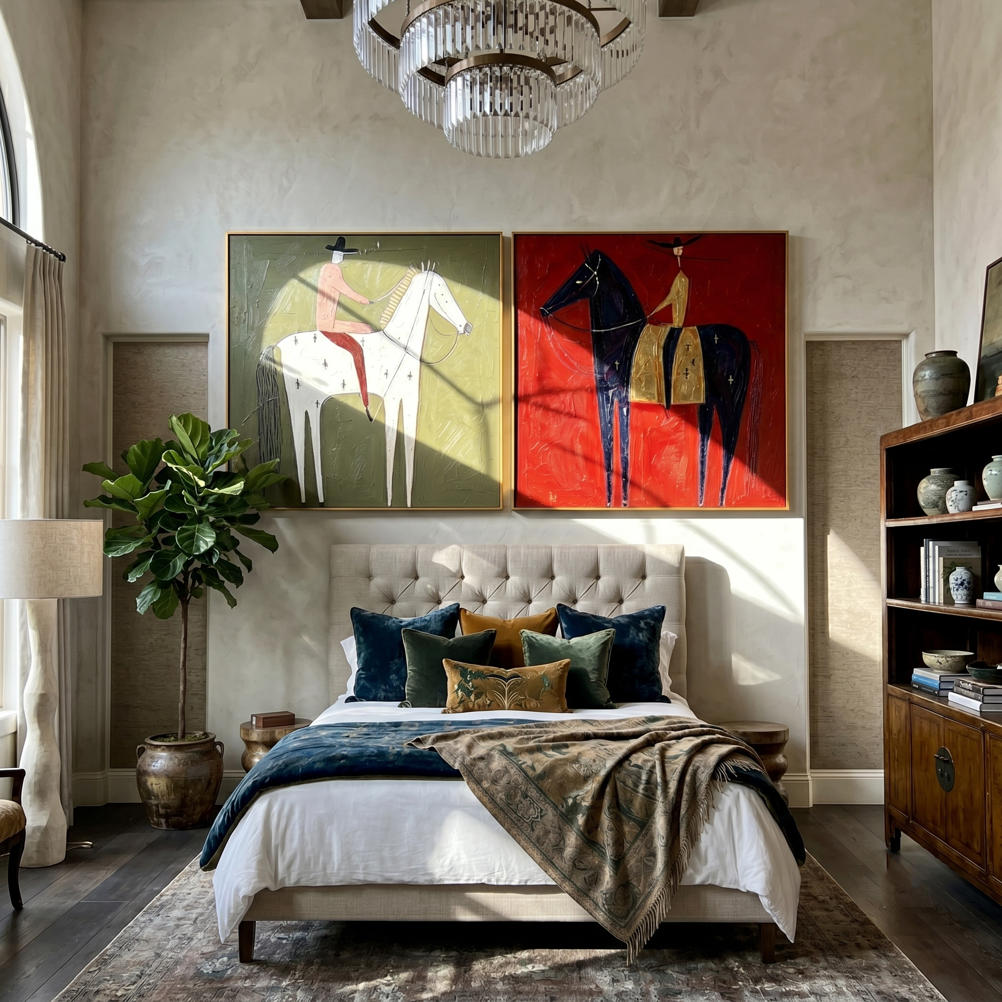 "Whispers Across the Red Plain" — 3D Textured Abstract Western Rider Wall Art Set | Olive & Crimson Framed Diptych#VA617