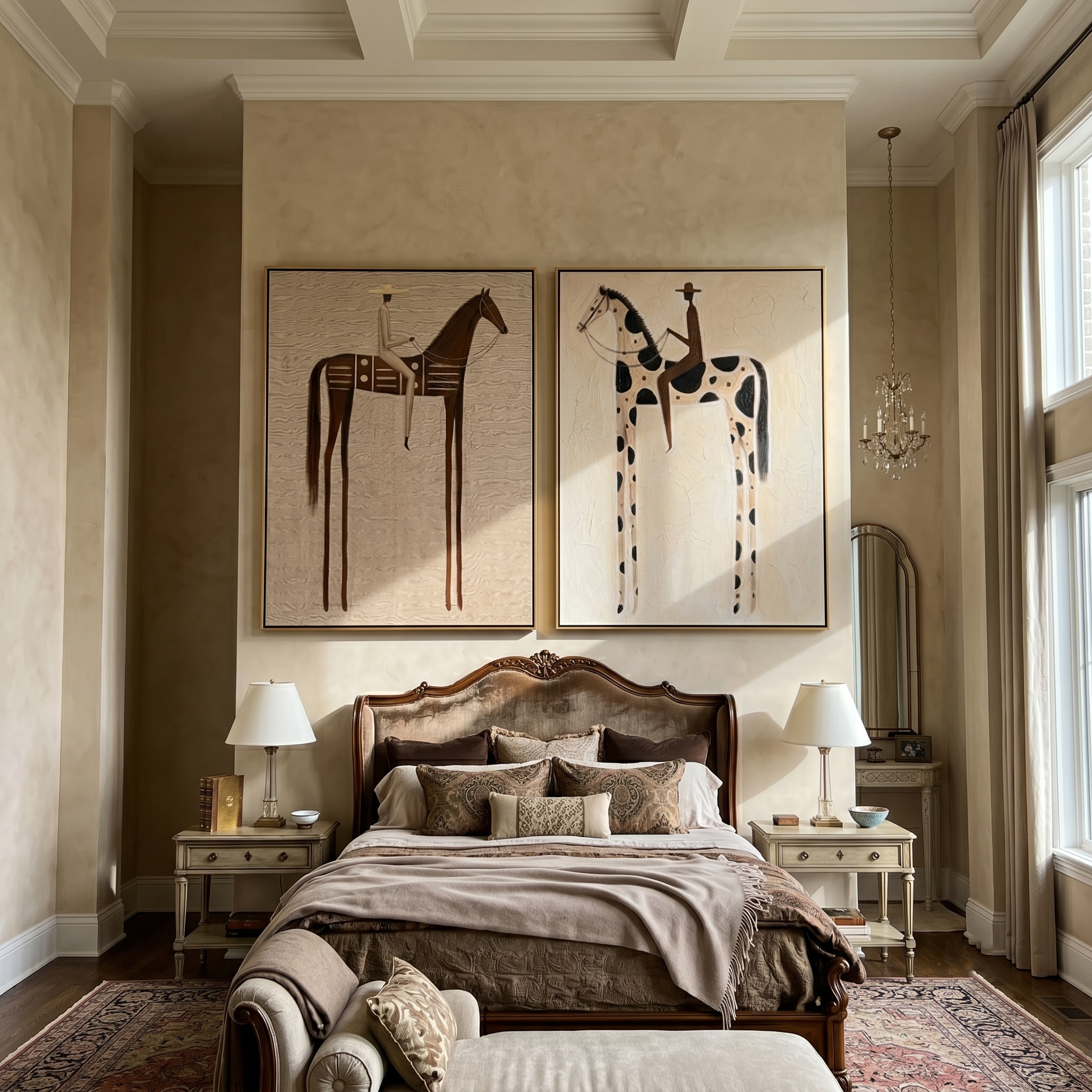 "Western Whispers "— 3D Textured Abstract Rider & Horse Wall Art Set | Neutral Rustic Framed Diptych#VA612