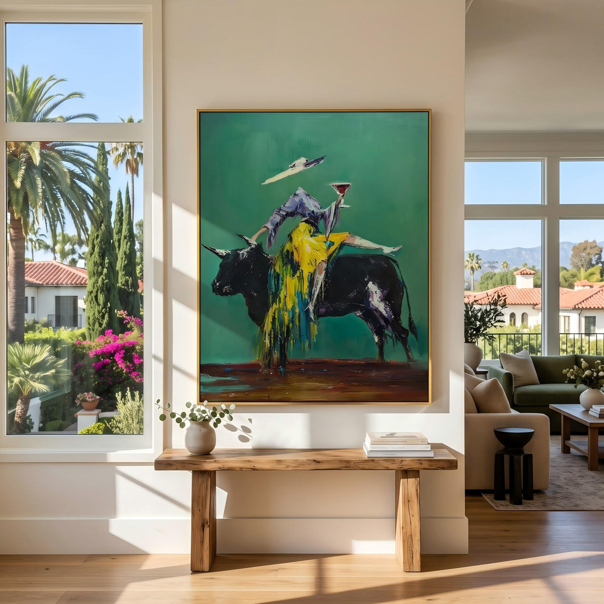 "Velvet Toast of the Emerald Bull" - Modern Heavy Impasto Western Animal Artwork | Green Palette Knife Painting | Luxury Vertical Wall Art #YK 1594