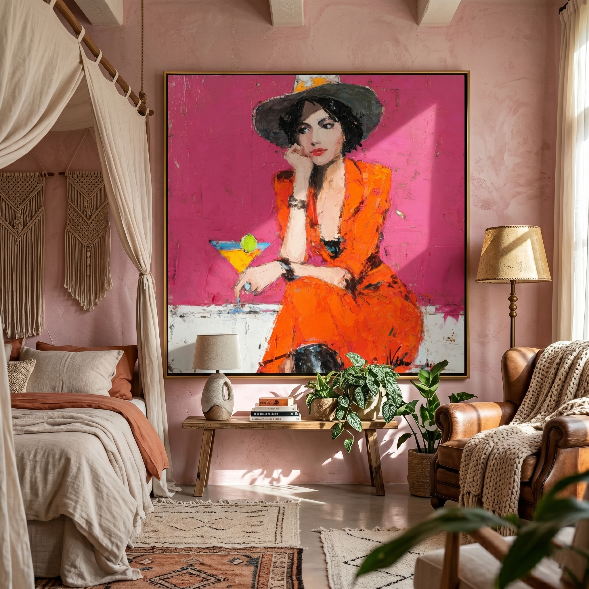 "Stylish Woman with Martini" – Tactile Fashion Impressionist Art | Bold Orange & Pink Impasto Wall Decor | Contemporary Square Statement Piece#PE 003