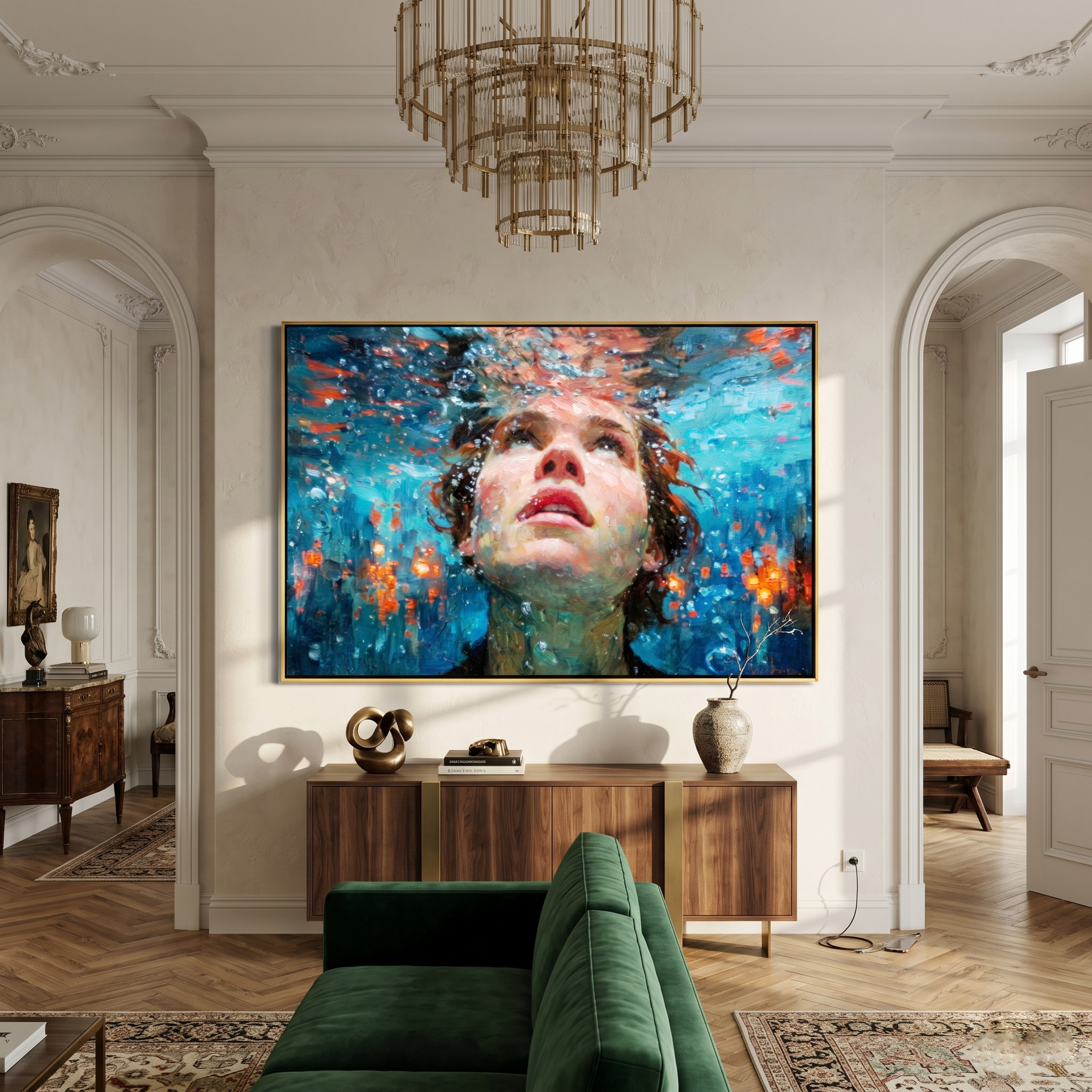 "Rising Breath Underwater" – Modern Heavy Impasto Figurative Art | 3D Turquoise & Coral Palette Knife Painting | Luxury Horizontal Wall Art#PE 004