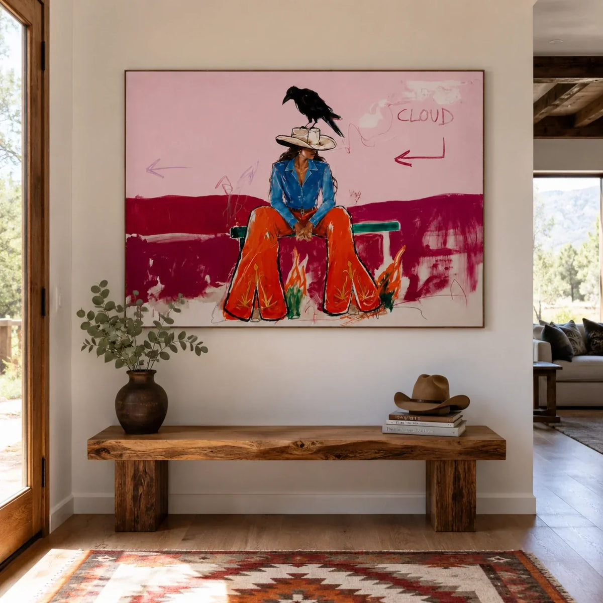 "Crow’s Cowgirl" - Modern Heavy Impasto Western Animal Artwork | Pink Palette Knife Painting | Luxury Horizontal Wall Art #YK 1587