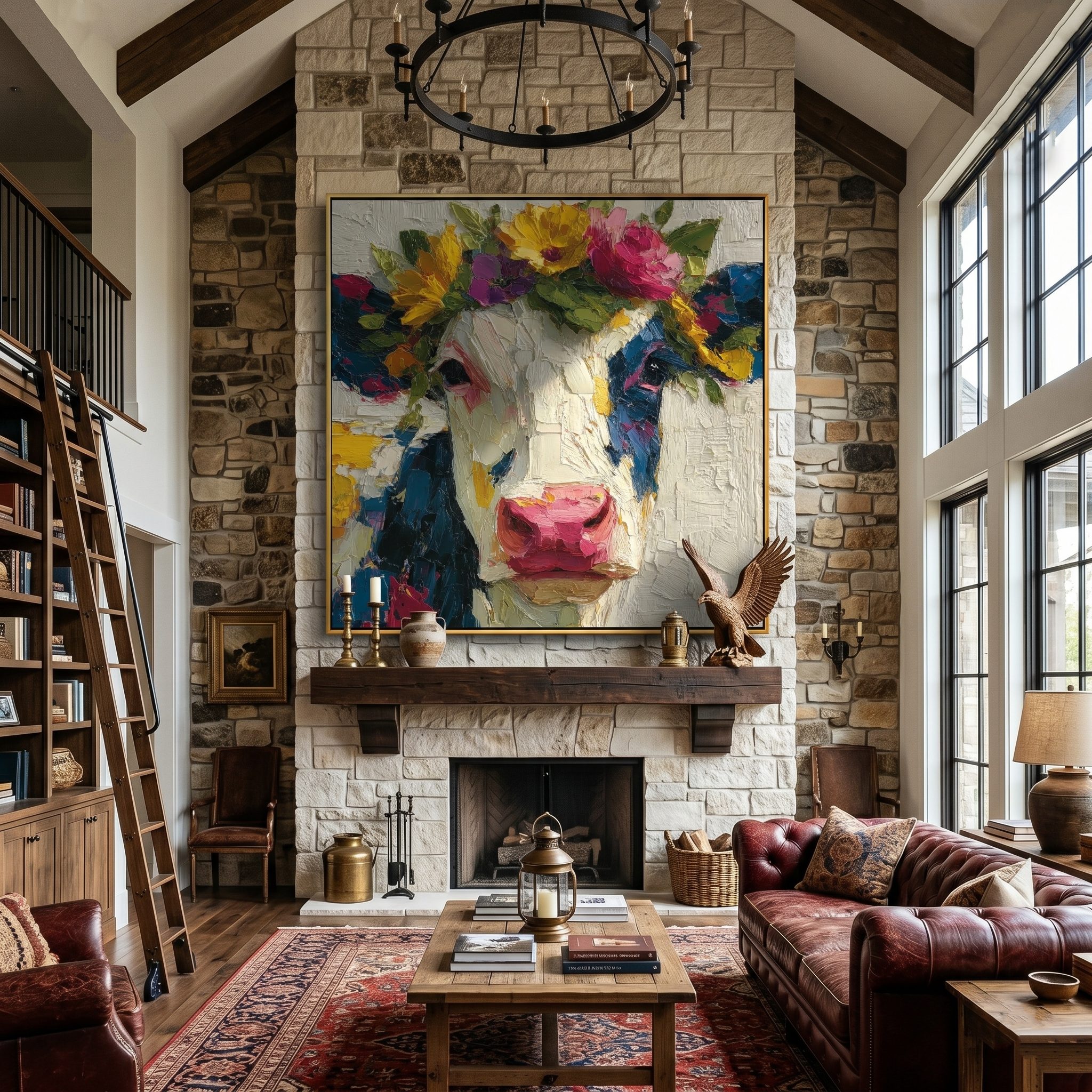 "Whimsical Bovine Beauty" – Tactile Farm Animal Art | Vibrant Floral & Neutral Impasto Wall Decor | Contemporary Square Art#AN 002
