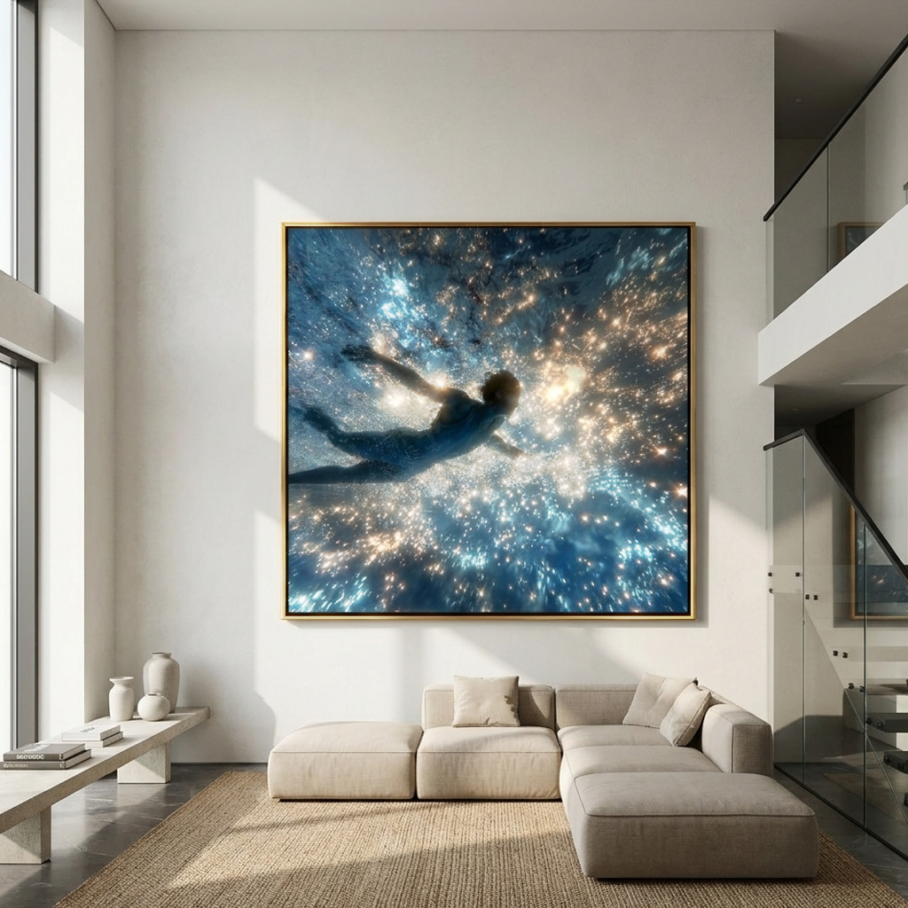 "Underwater Starlight Swim" – Modern Luminous Figurative Art | 3D Blue & Golden Light Palette Knife Painting | Luxury S quare Wall Art#LC 002