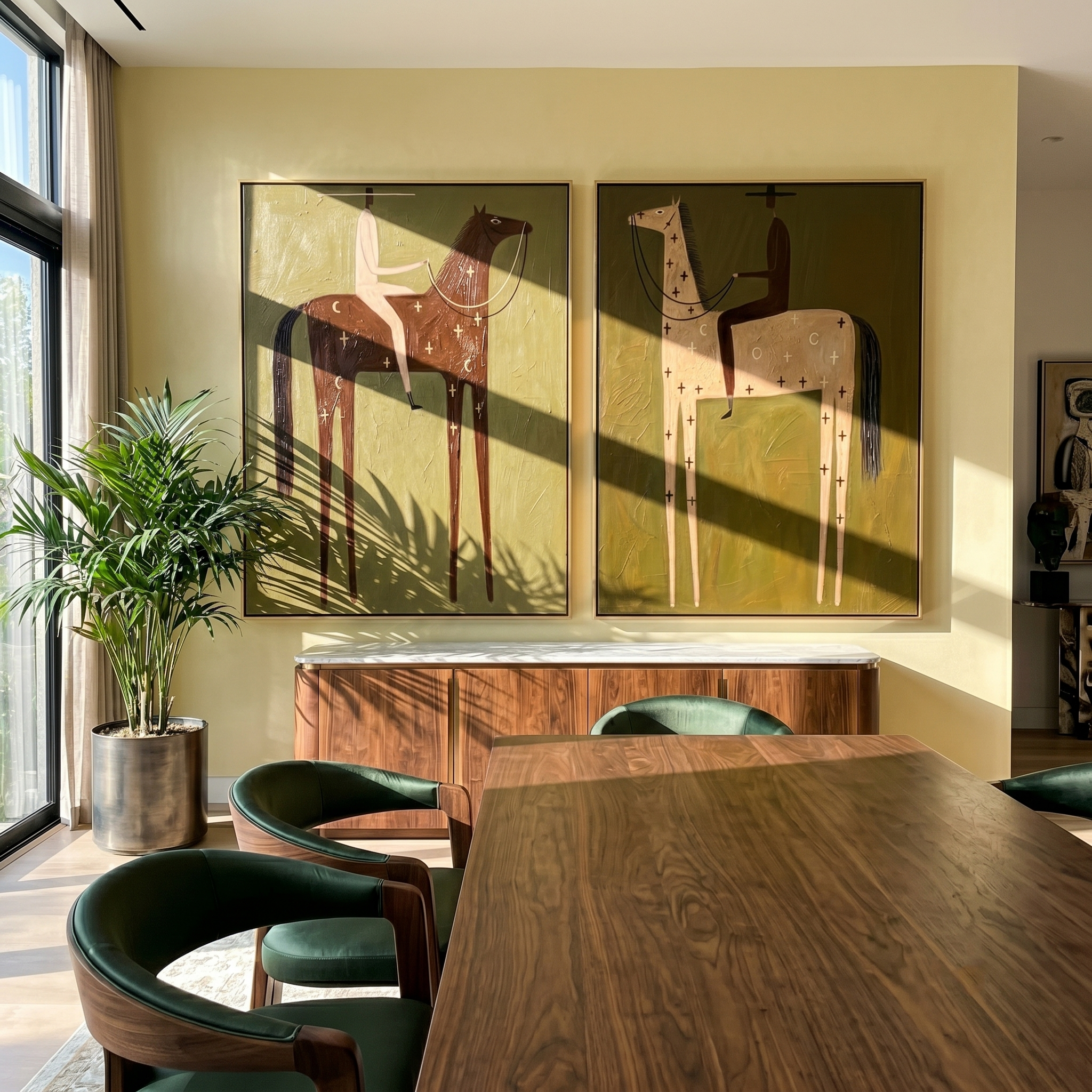 “Ethereal Riders of Twilight” — 3D Textured Abstract Western Rider Wall Art Set | Muted Olive & Earthy Tones Framed Diptych#VA627