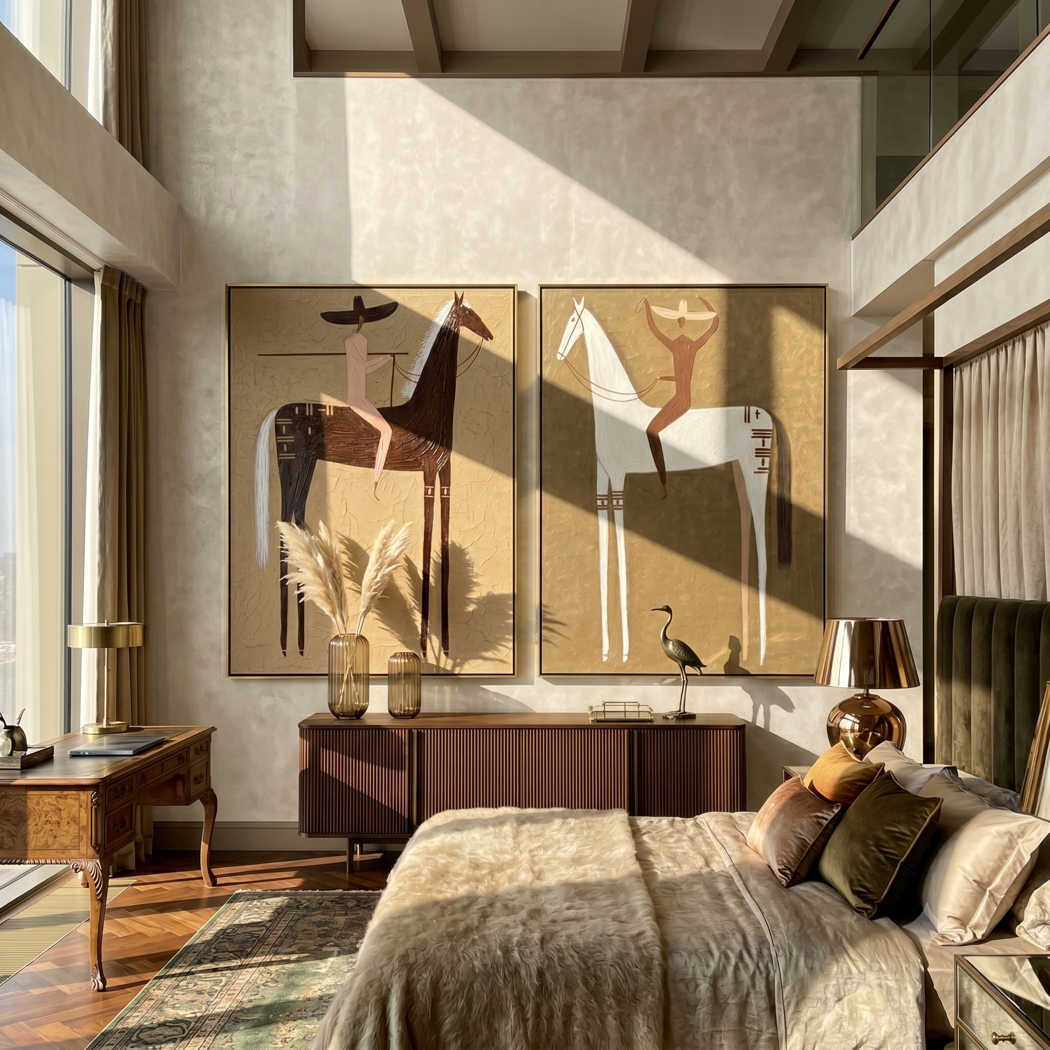 "Rituals of the Quiet Plain" — 3D Textured Abstract Western Rider Wall Art Set | Sand & Umber Framed Diptych#VA616