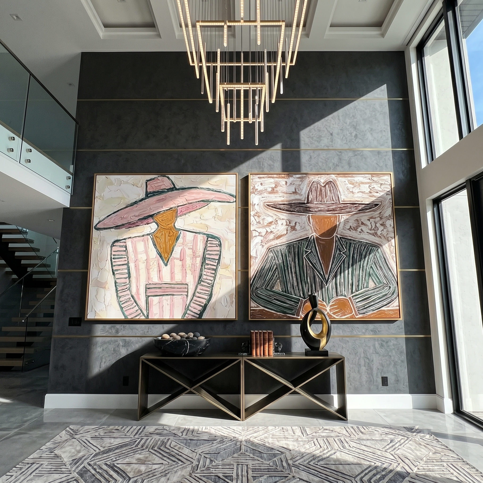 "Echoes Beneath the Brim" — 3D Textured Abstract Western Figure Wall Art Set | Pink & Umber Framed Diptych#VA614