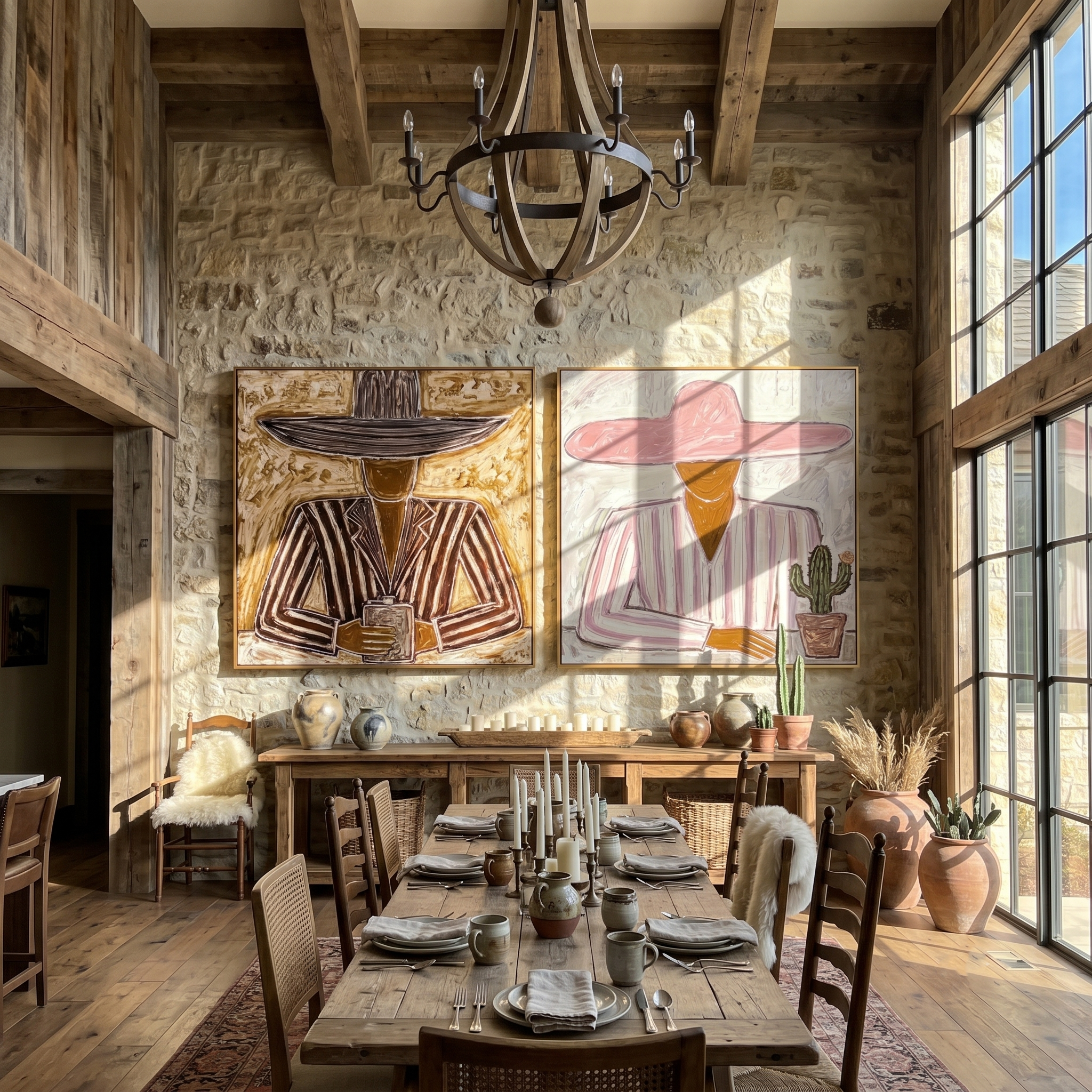 "Under the Wide Brim" — 3D Textured Abstract Western Figure Wall Art Set | Pink & Umber Framed Diptych#VA611