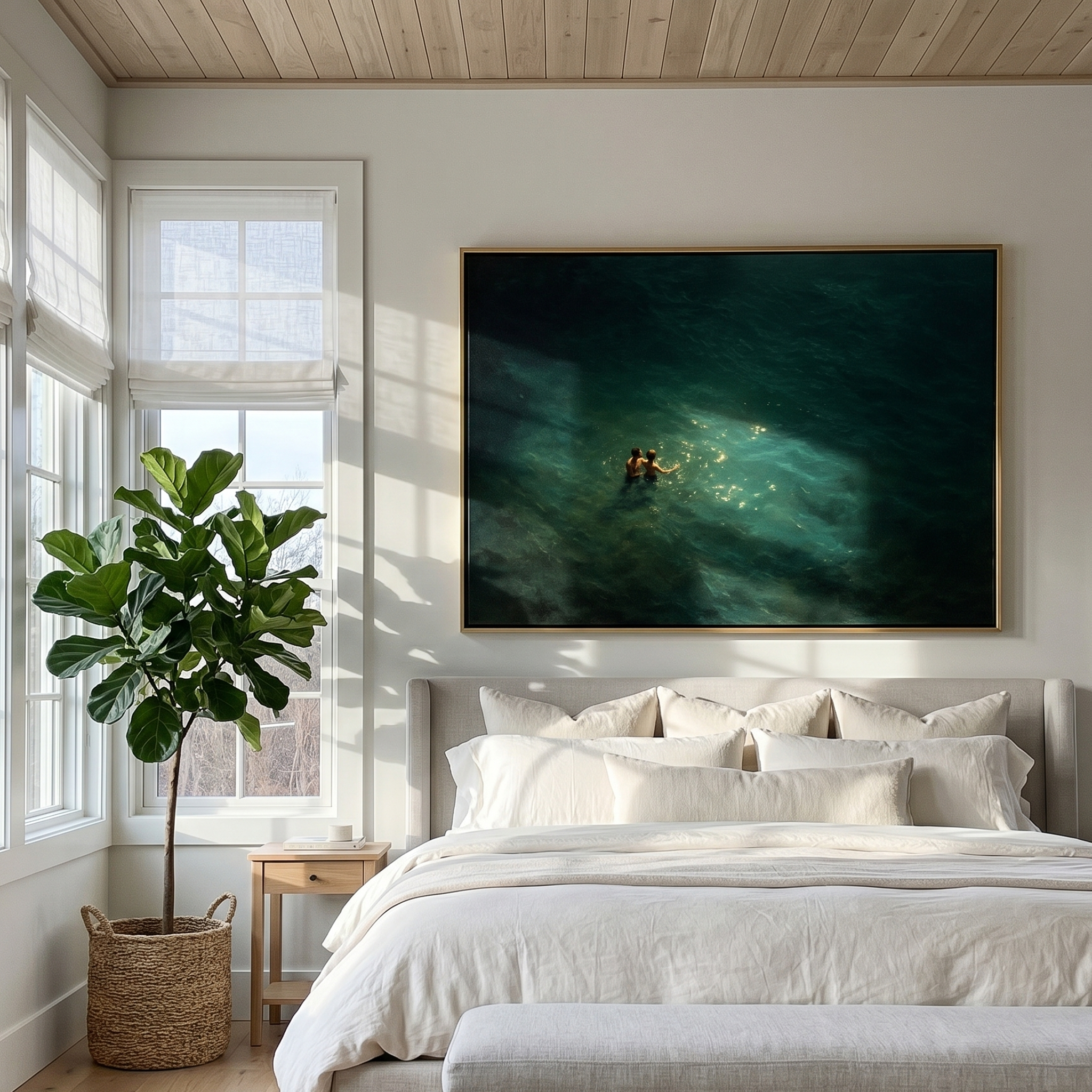 "Golden Light Swim" – Modern Heavy Impasto Figurative Art | 3D Teal & Sunlit Gold Palette Knife Painting | Luxury Horizontal Wall Art#LC 006