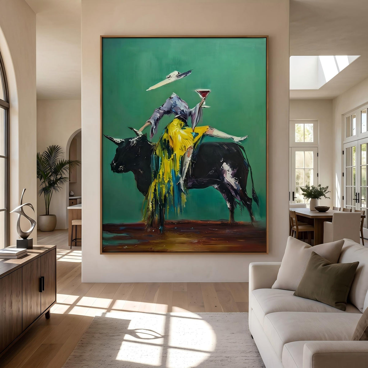 "Velvet Toast of the Emerald Bull" - Modern Heavy Impasto Western Animal Artwork | Green Palette Knife Painting | Luxury Vertical Wall Art #YK 1594
