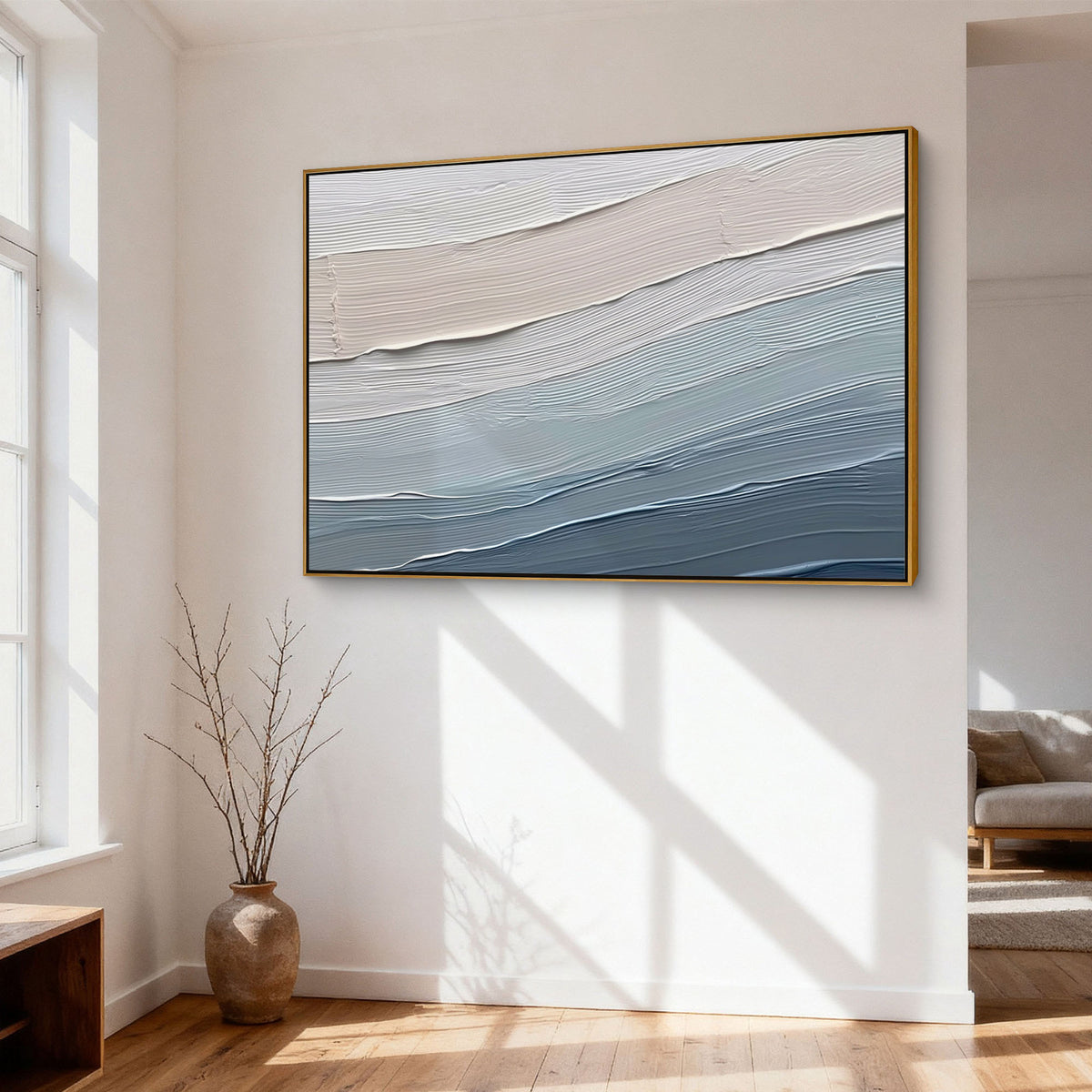 "Warm Lattice" - 3D Heavy Impasto Plaster Relief | Blue & Beige Plaster Texture Statement Art