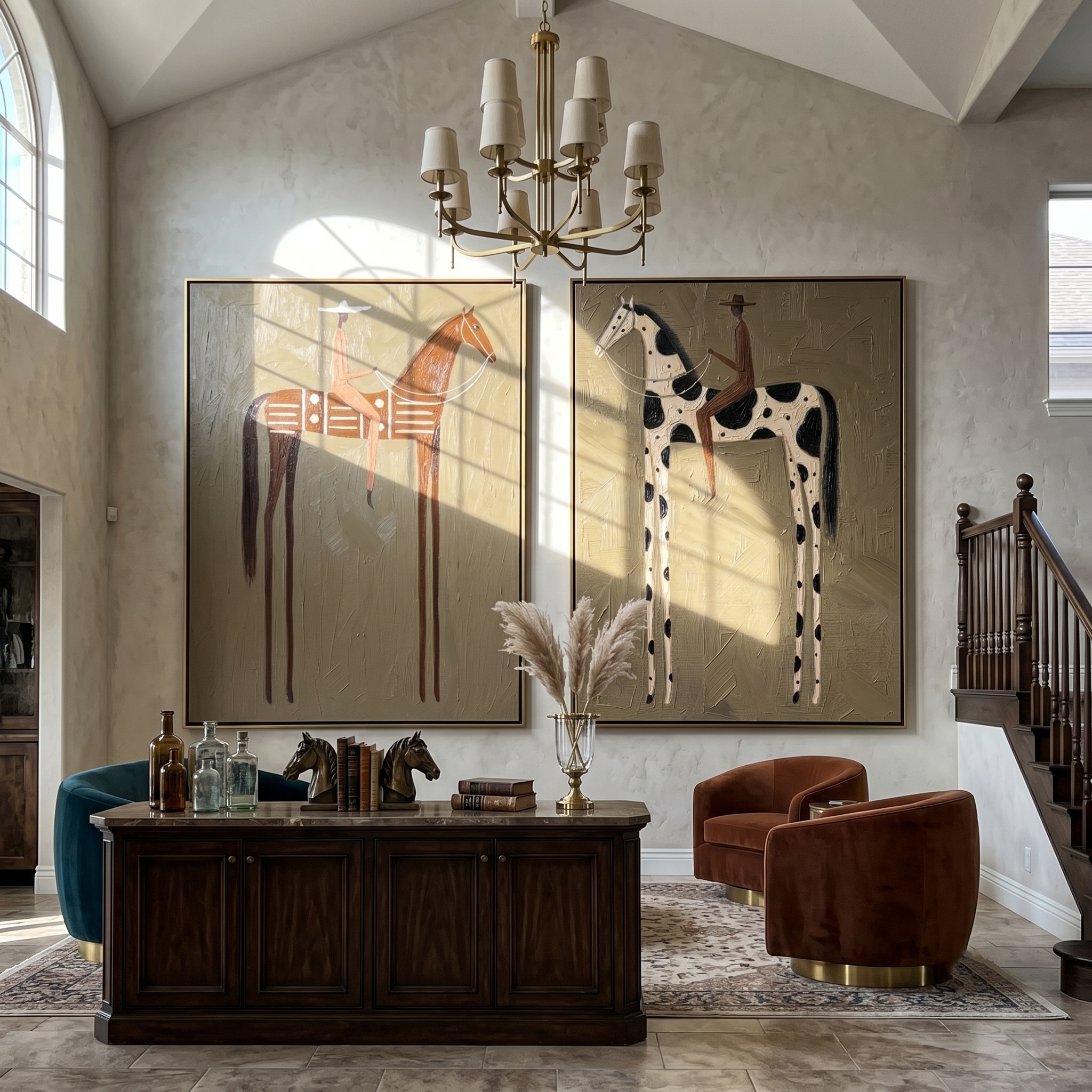 "Whispering Riders" — 3D Textured Abstract Horse & Rider Wall Art Set | Ochre & Slate Diptych#VA604