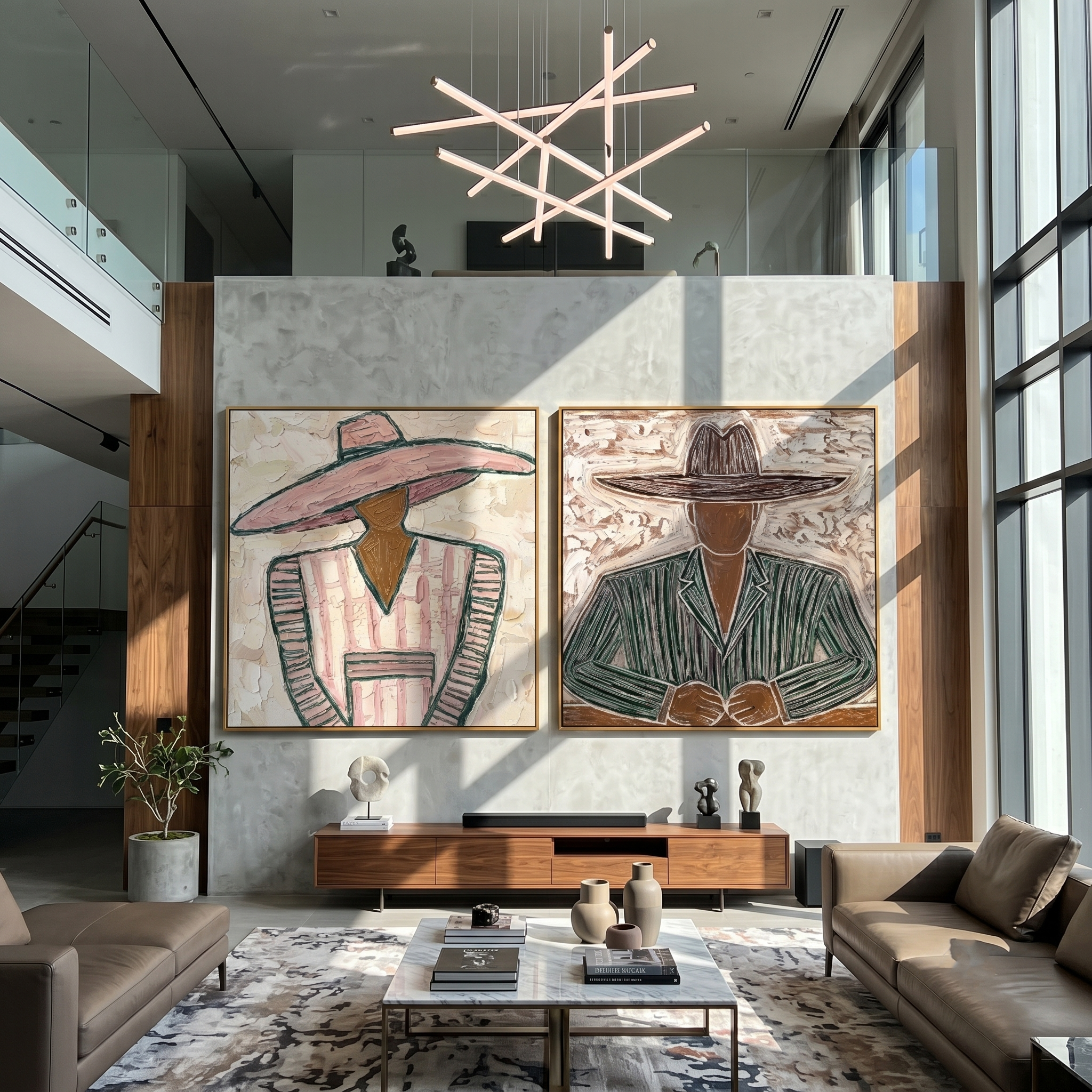 "Echoes Beneath the Brim" — 3D Textured Abstract Western Figure Wall Art Set | Pink & Umber Framed Diptych#VA614