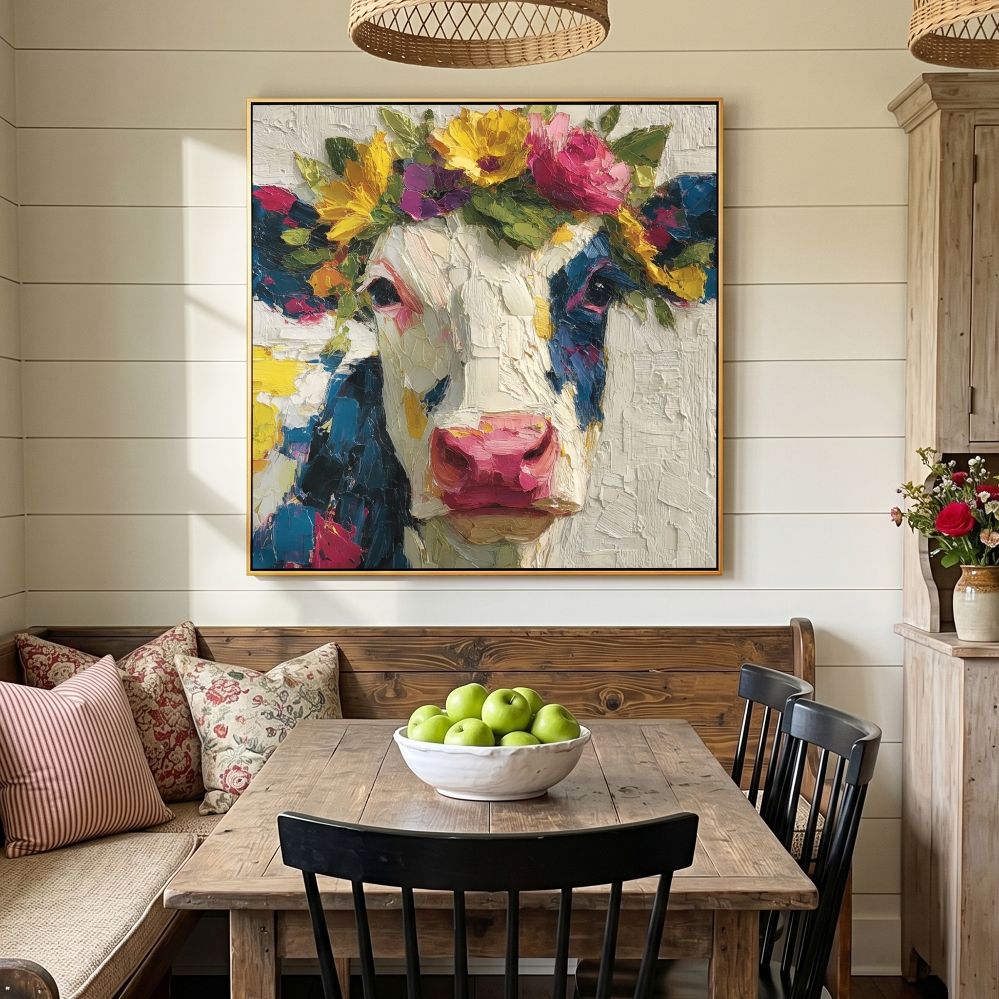 "Whimsical Bovine Beauty" – Tactile Farm Animal Art | Vibrant Floral & Neutral Impasto Wall Decor | Contemporary Square Art#AN 002