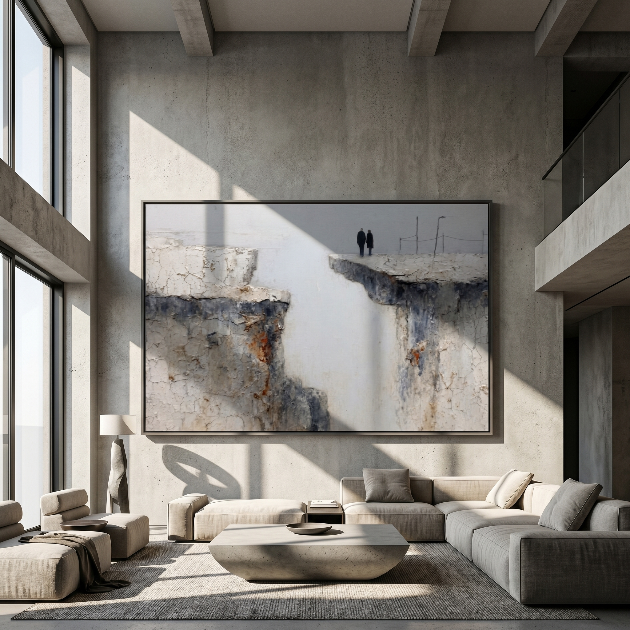 "Across the Divide" – Modern Heavy Impasto Figurative Art | 3D Neutral & Weathered Palette Knife Painting | Luxury Horizontal Wall Art#LC 007