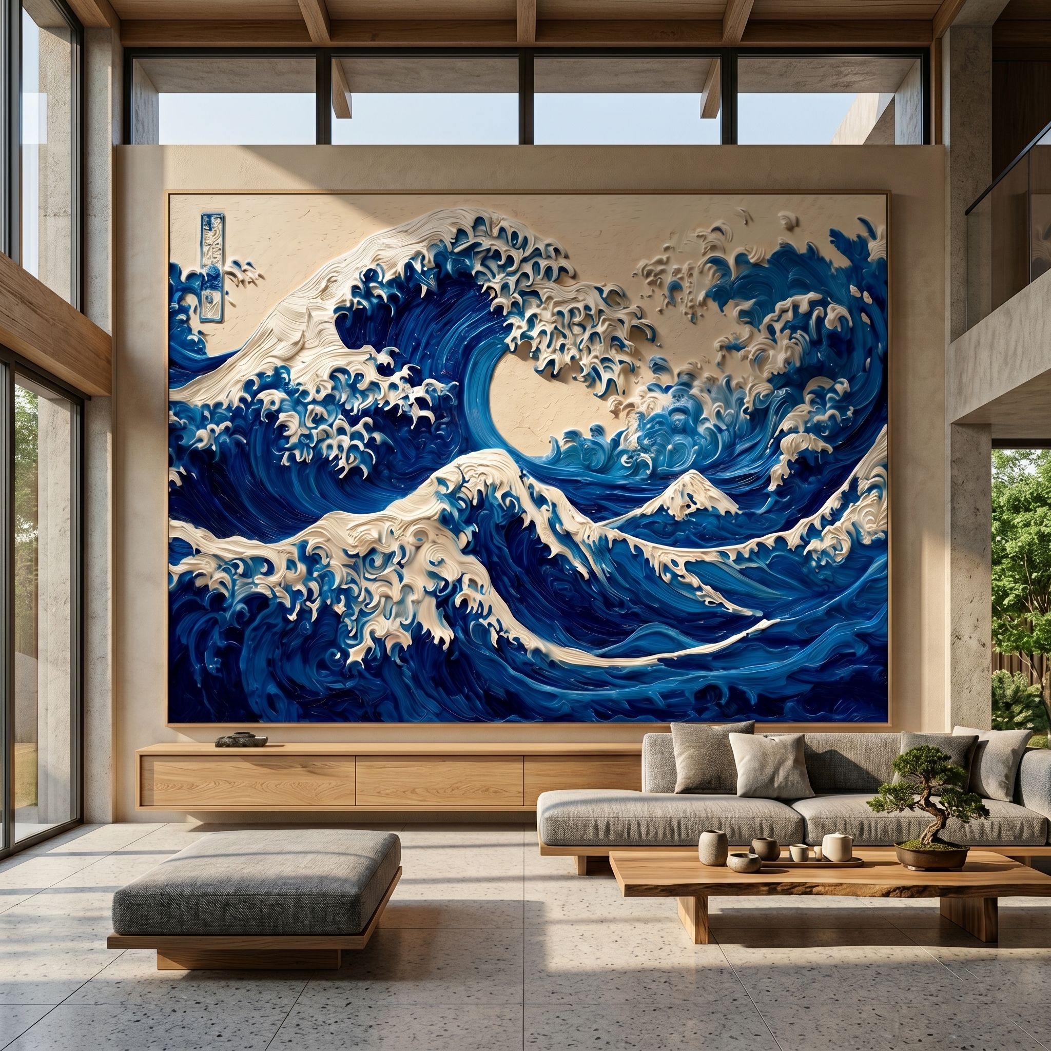 "Relief Wave of Kanagawa" – Expressive Sculptural Seascape Art | 3D Layered Blue Gradient with Raised Foam Canvas | Luxury Horizontal Wall Art#PT 018