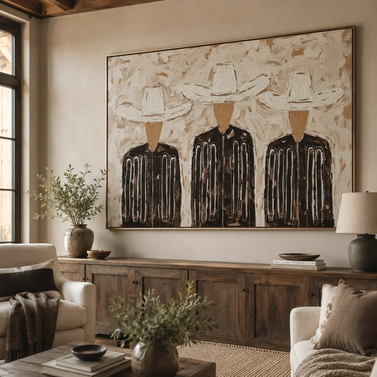 "Trinity in Linen" - Modern Heavy Impasto Abstract Artwork | Black & Golden Palette Knife Painting | Luxury Horizontal Wall Art #YK 1588