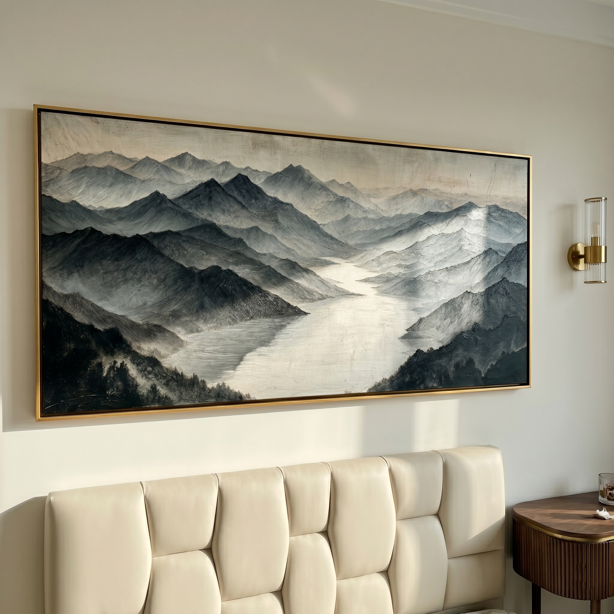 "Layered Mountain Valley" – Modern Heavy Impasto Landscape Art | 3D Monochrome & Soft Beige Palette Knife Painting | Luxury Horizontal Wall Art#PT 019